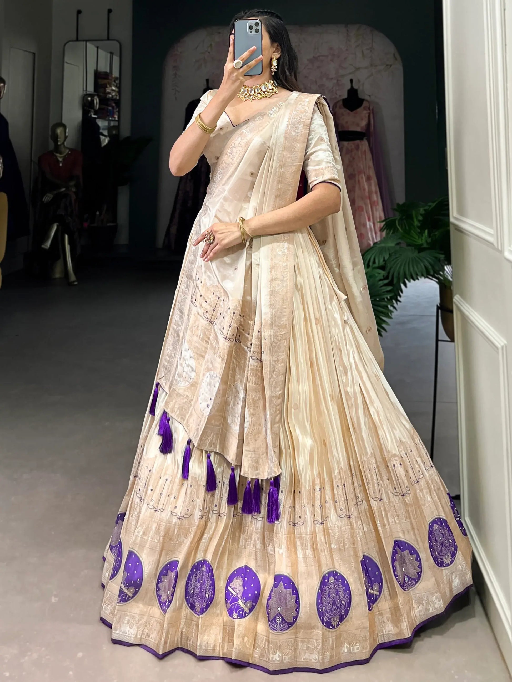 Awesome Off-White Mirror Work Silk Traditional Lehenga Choli With Dupatta - Zeel Clothing
