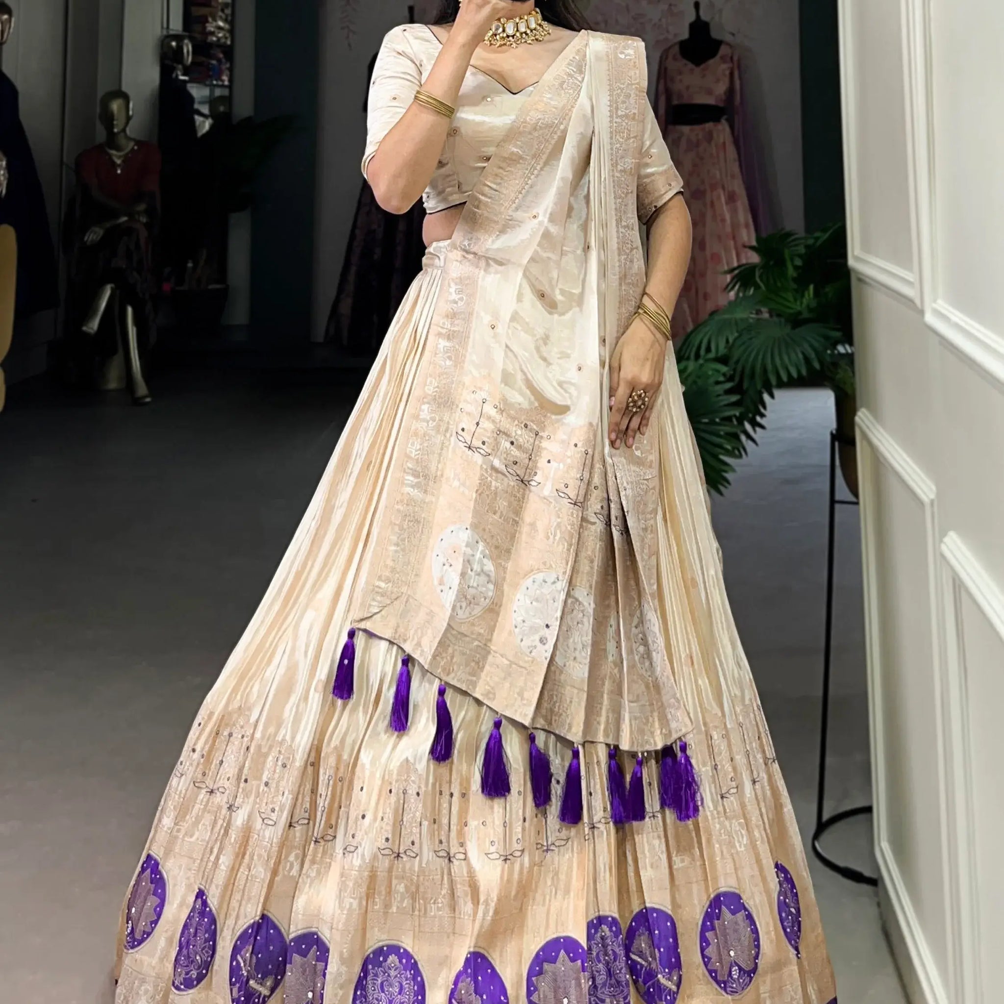 Awesome Off-White Mirror Work Silk Traditional Lehenga Choli With Dupatta - Zeel Clothing