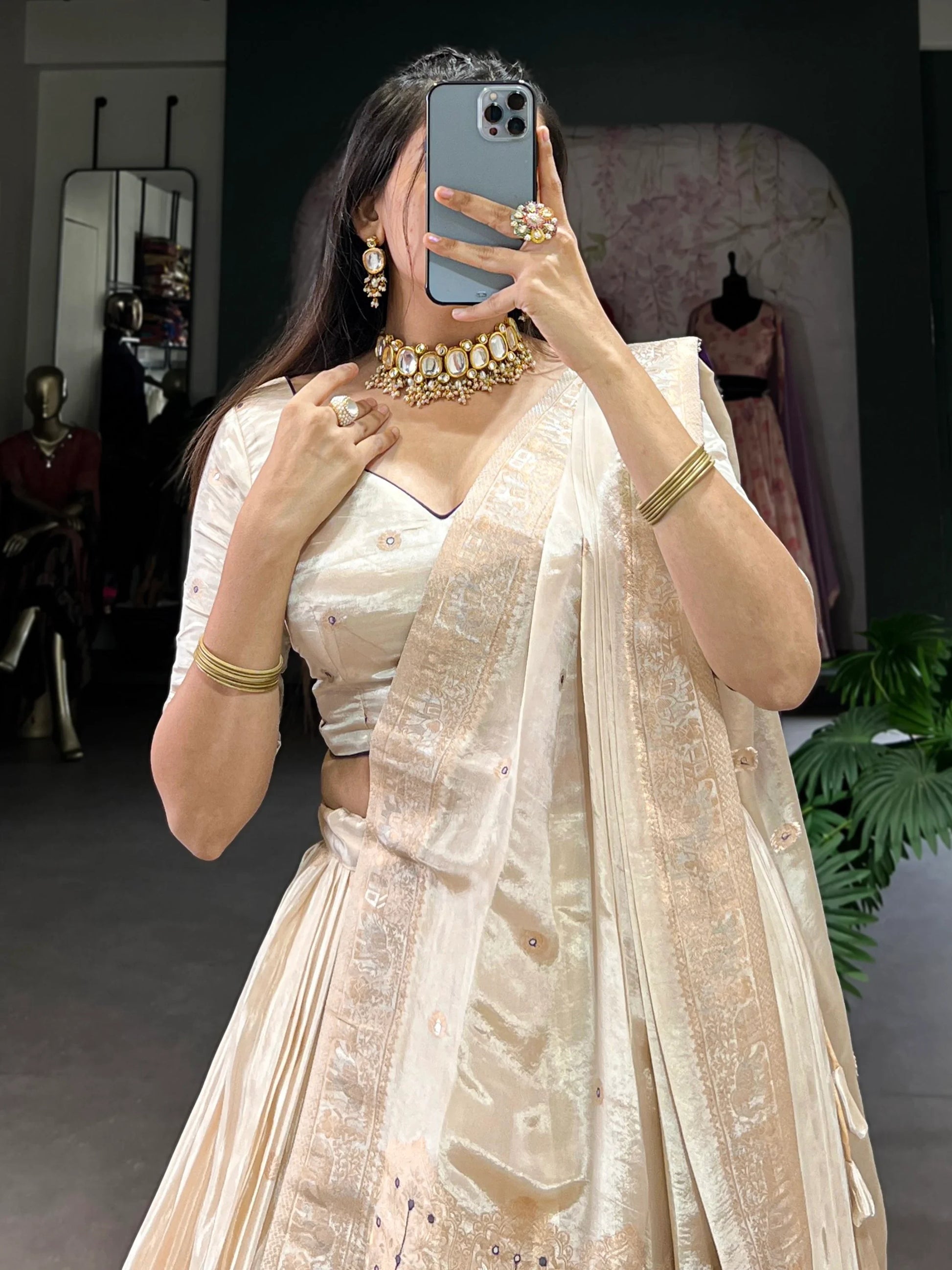 Awesome Off-White Mirror Work Silk Traditional Lehenga Choli With Dupatta - Zeel Clothing