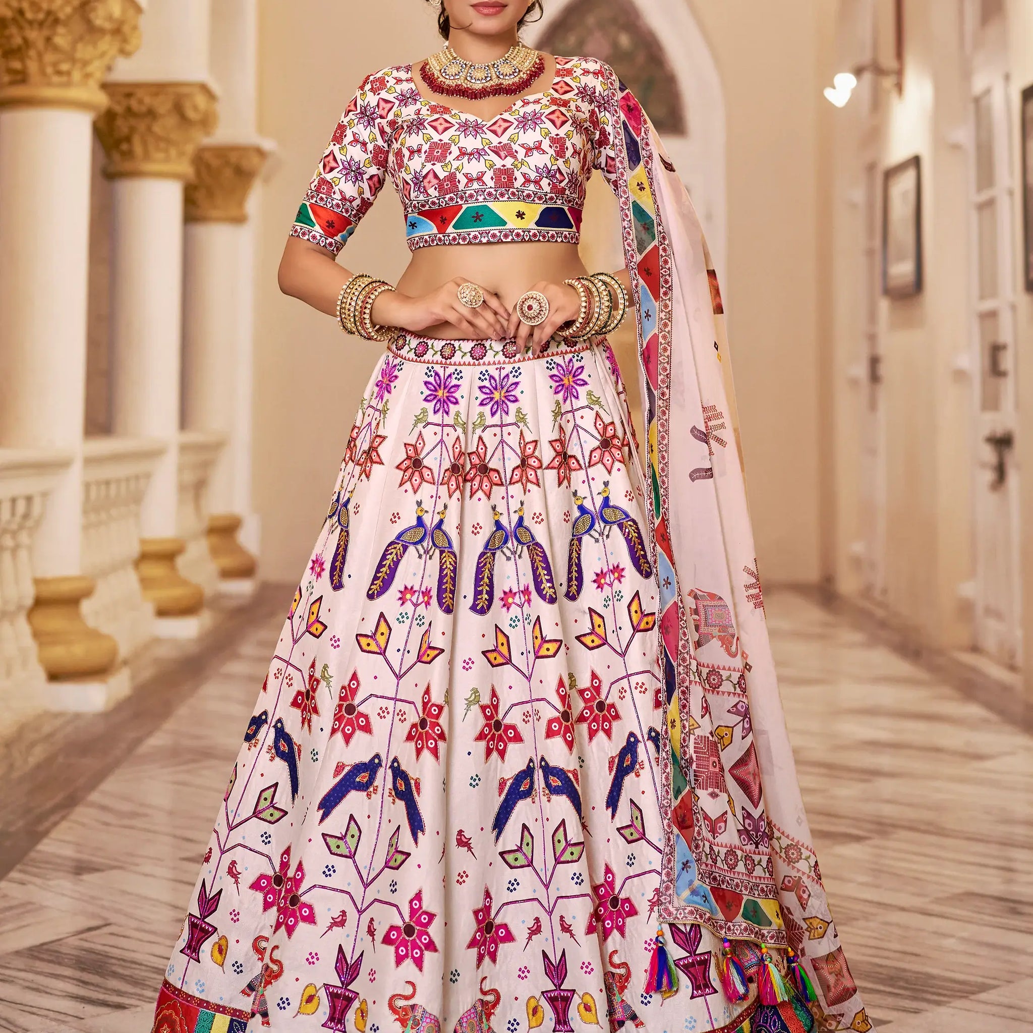 Awesome Off-White Printed Art Silk Festive Wear Lehenga Choli With Dupatta - Zeel Clothing