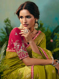 Awesome Olive Green Floral Embroidered Tissue Designer Saree With Blouse
