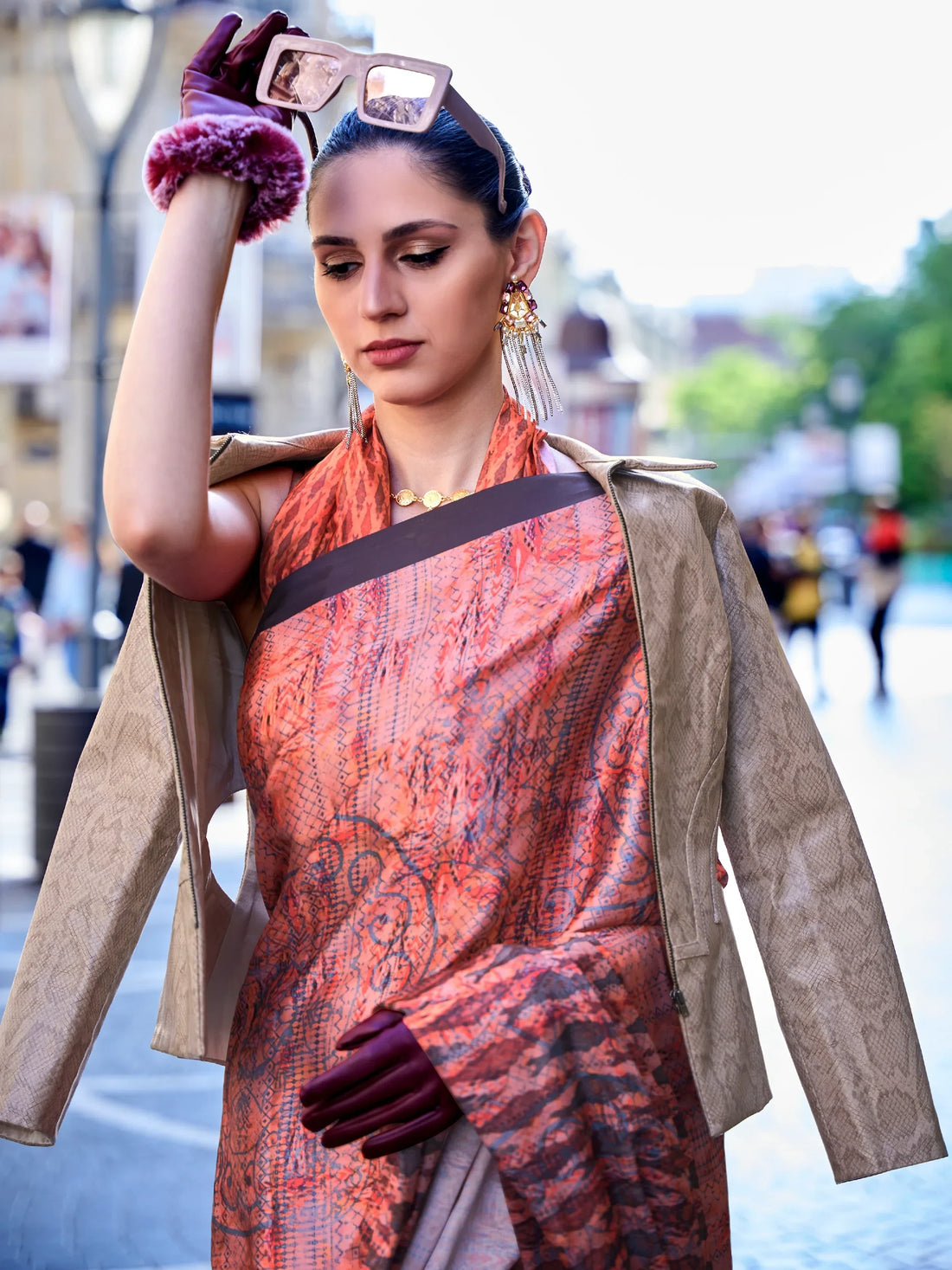 Awesome Orange Digital Printed Satin Festivals Wear Saree With Blouse - Zeel Clothing