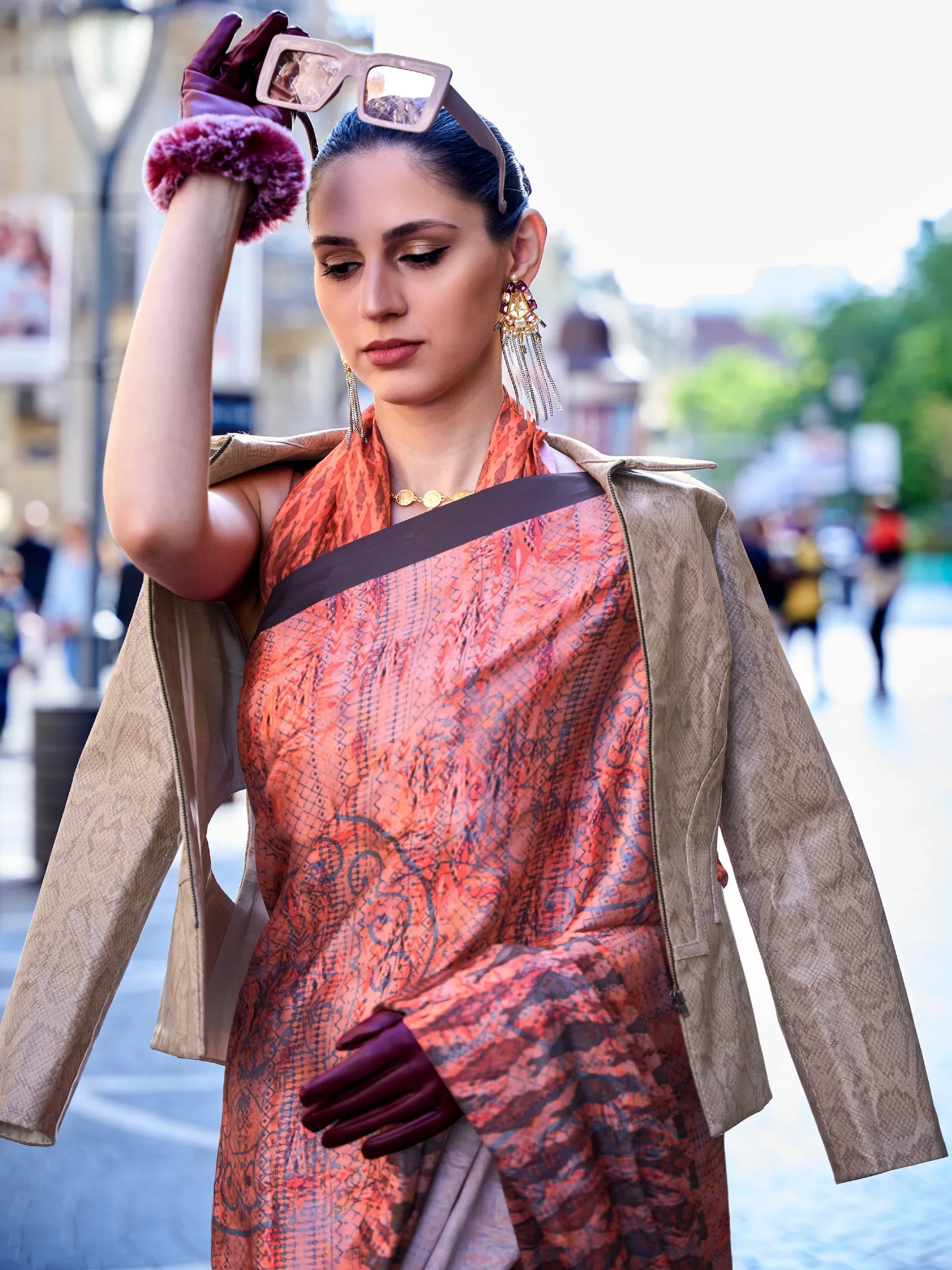 Awesome Orange Digital Printed Satin Festivals Wear Saree With Blouse - Zeel Clothing