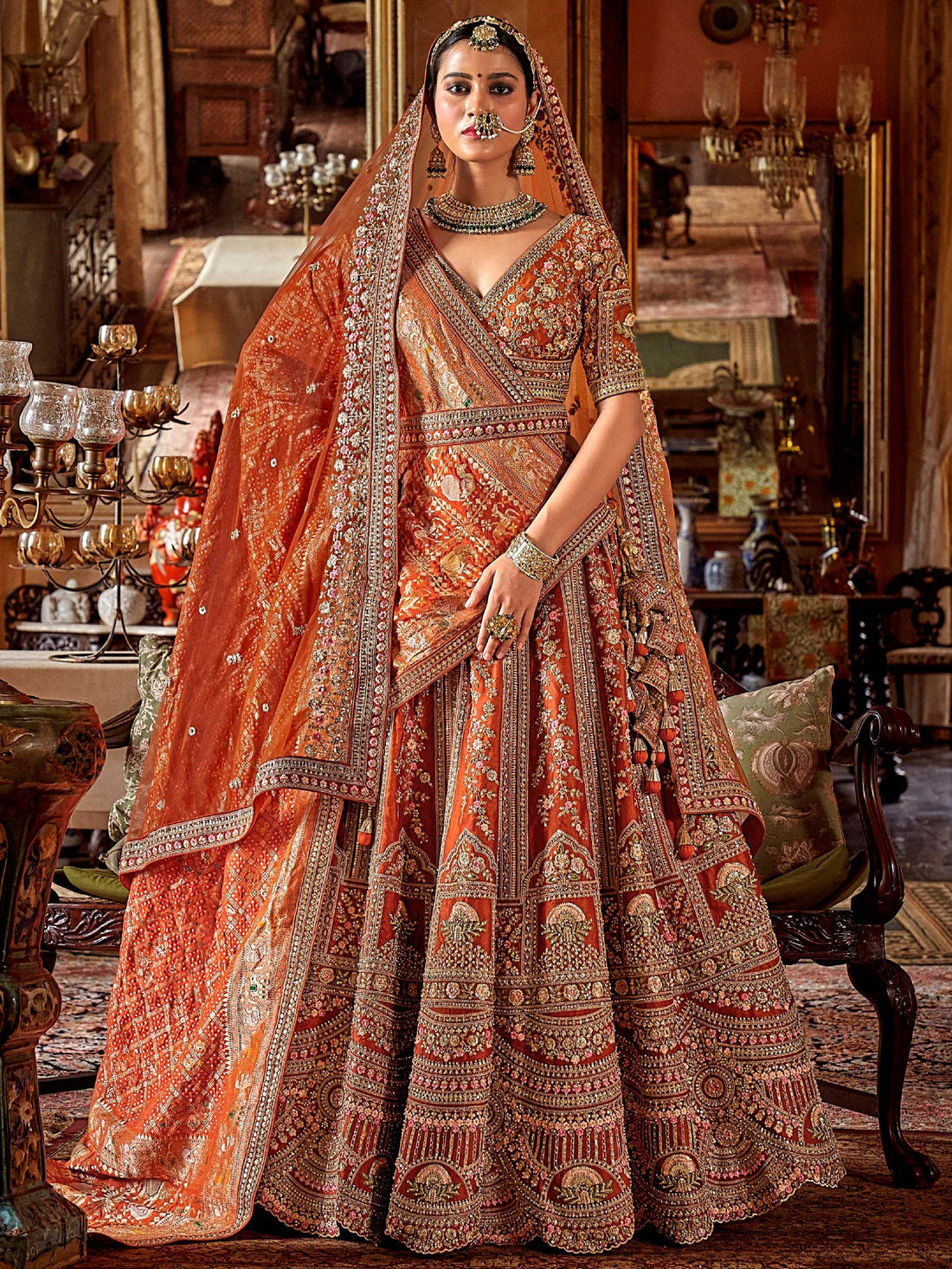 Awesome Orange Embroidered Silk Bridal Lehenga Choli With Double Dupatta