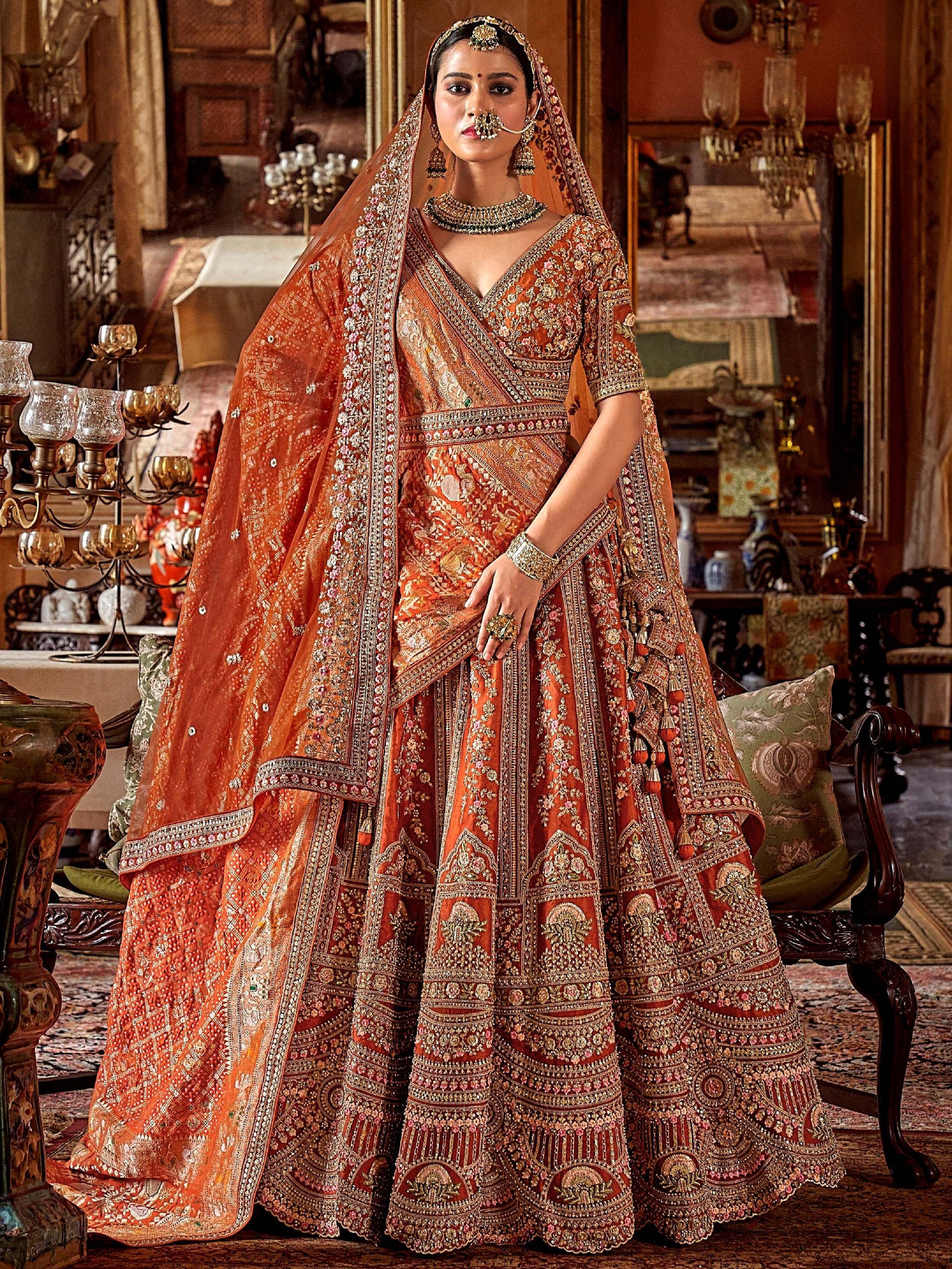 Awesome Orange Embroidered Silk Bridal Lehenga Choli With Double Dupatta