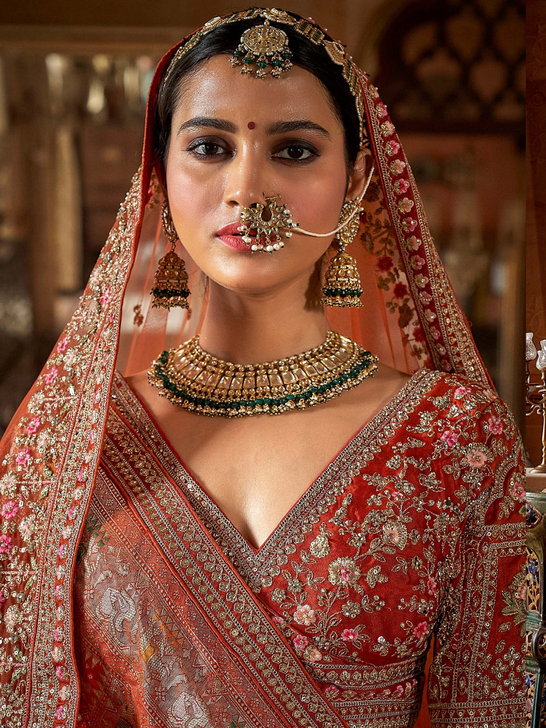 Awesome Orange Embroidered Silk Bridal Lehenga Choli With Double Dupatta