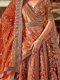 Awesome Orange Embroidered Silk Bridal Lehenga Choli With Double Dupatta