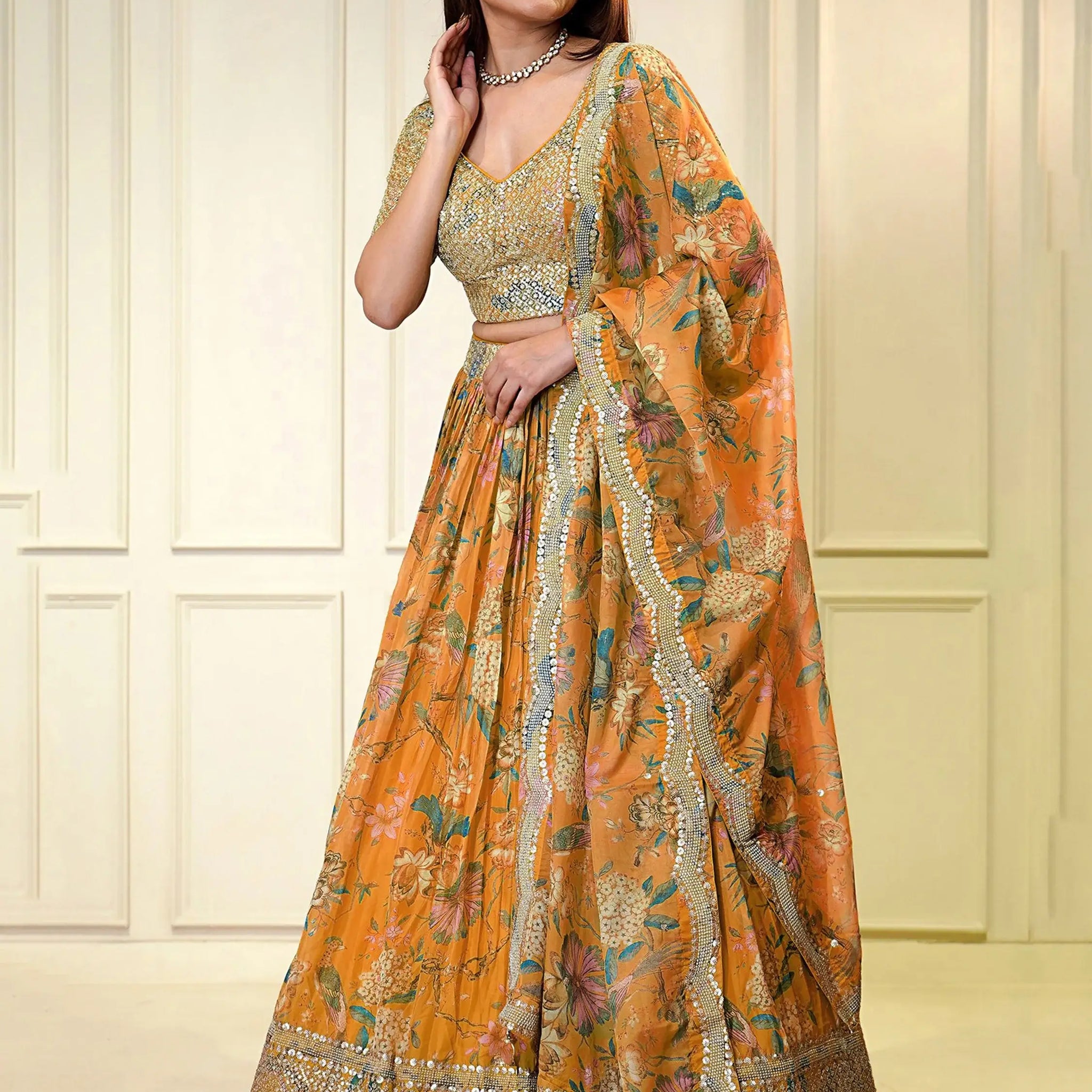 Awesome Orange Printed Organza Festival Wear Lehenga Choli - Zeel Clothing