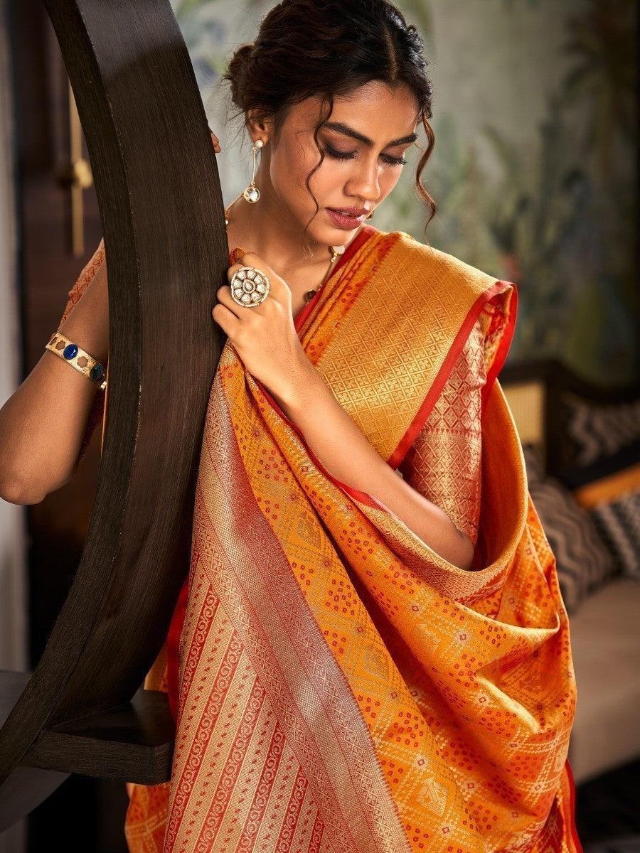 Awesome Orange Weaving Silk Traditional Saree With Blouse