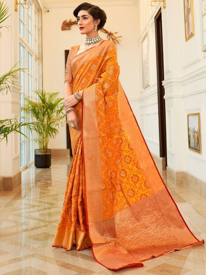 Awesome Orange Woven Silk Wedding Wear Saree With Blouse