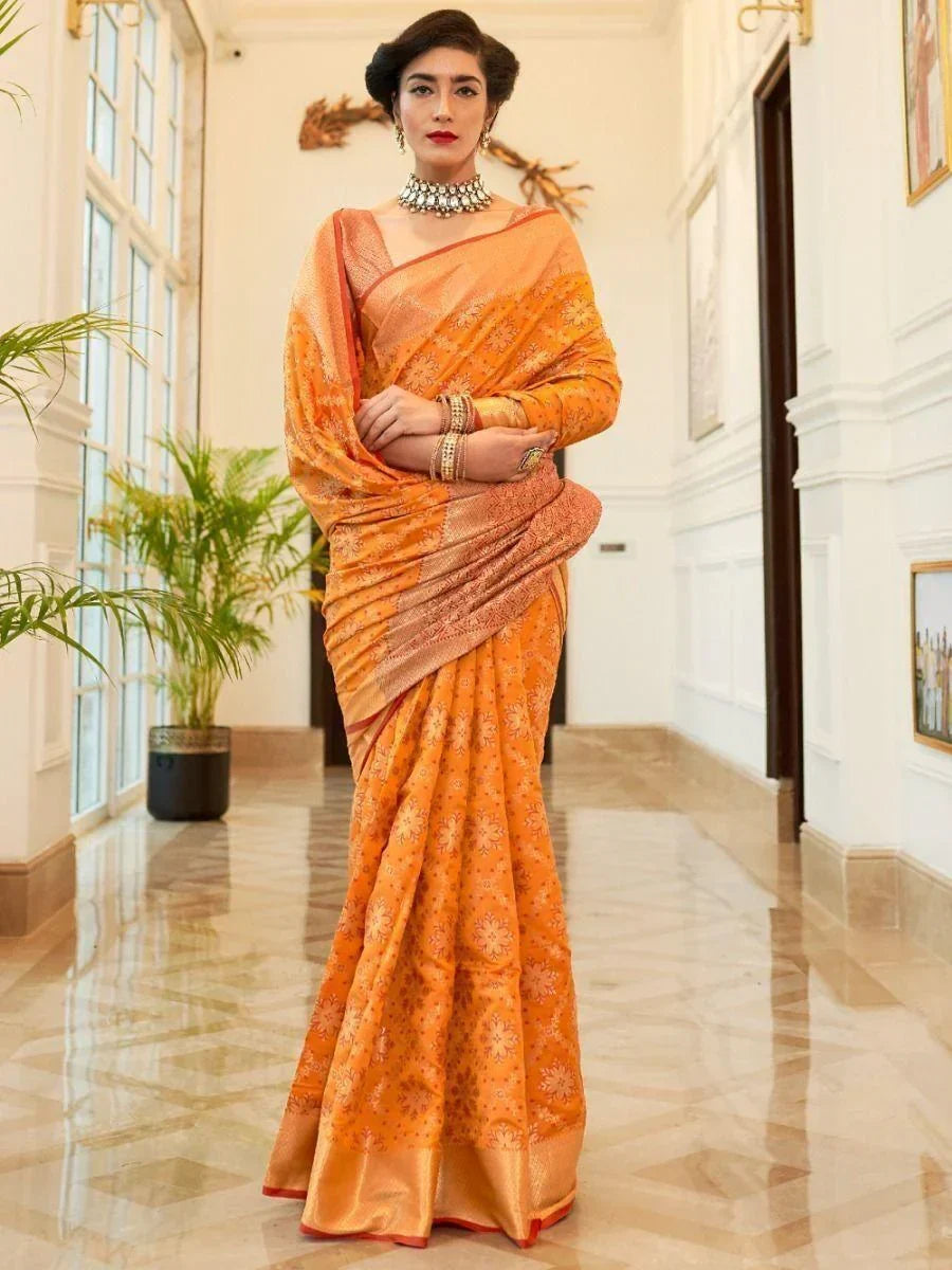Awesome Orange Woven Silk Wedding Wear Saree With Blouse