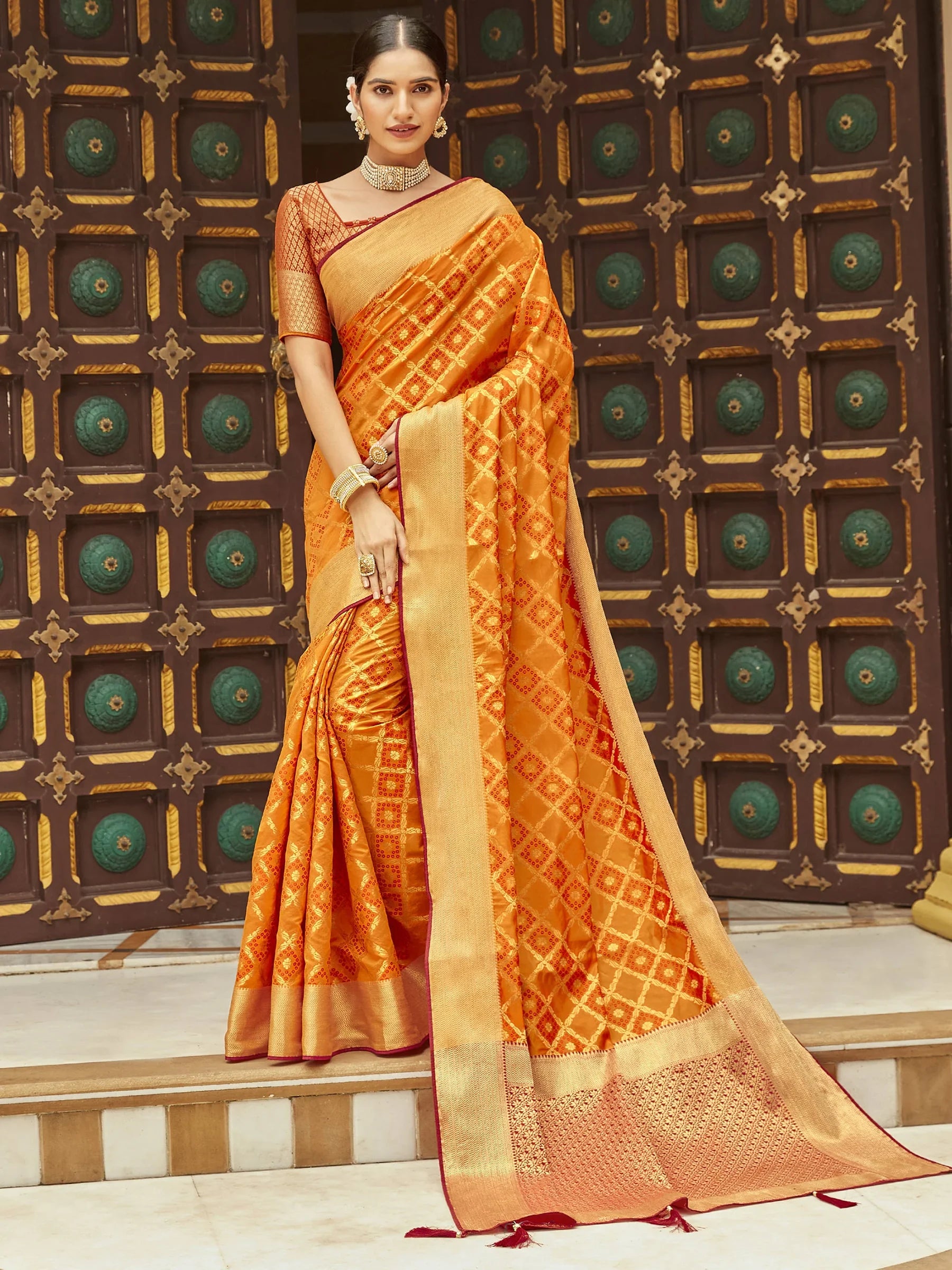 Awesome Orange Zari Weaving Silk Traditional Saree With Blouse - Zeel Clothing