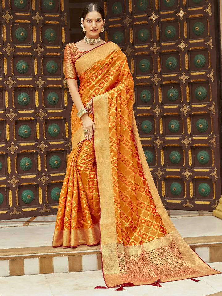 Awesome Orange Zari Weaving Silk Traditional Saree With Blouse - Zeel Clothing