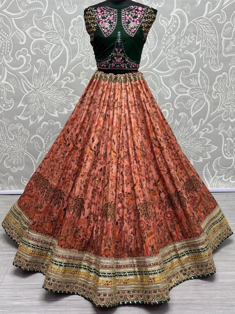 Awesome Peach Digital Printed Silk Lehenga Choli With Bandhani Dupatta