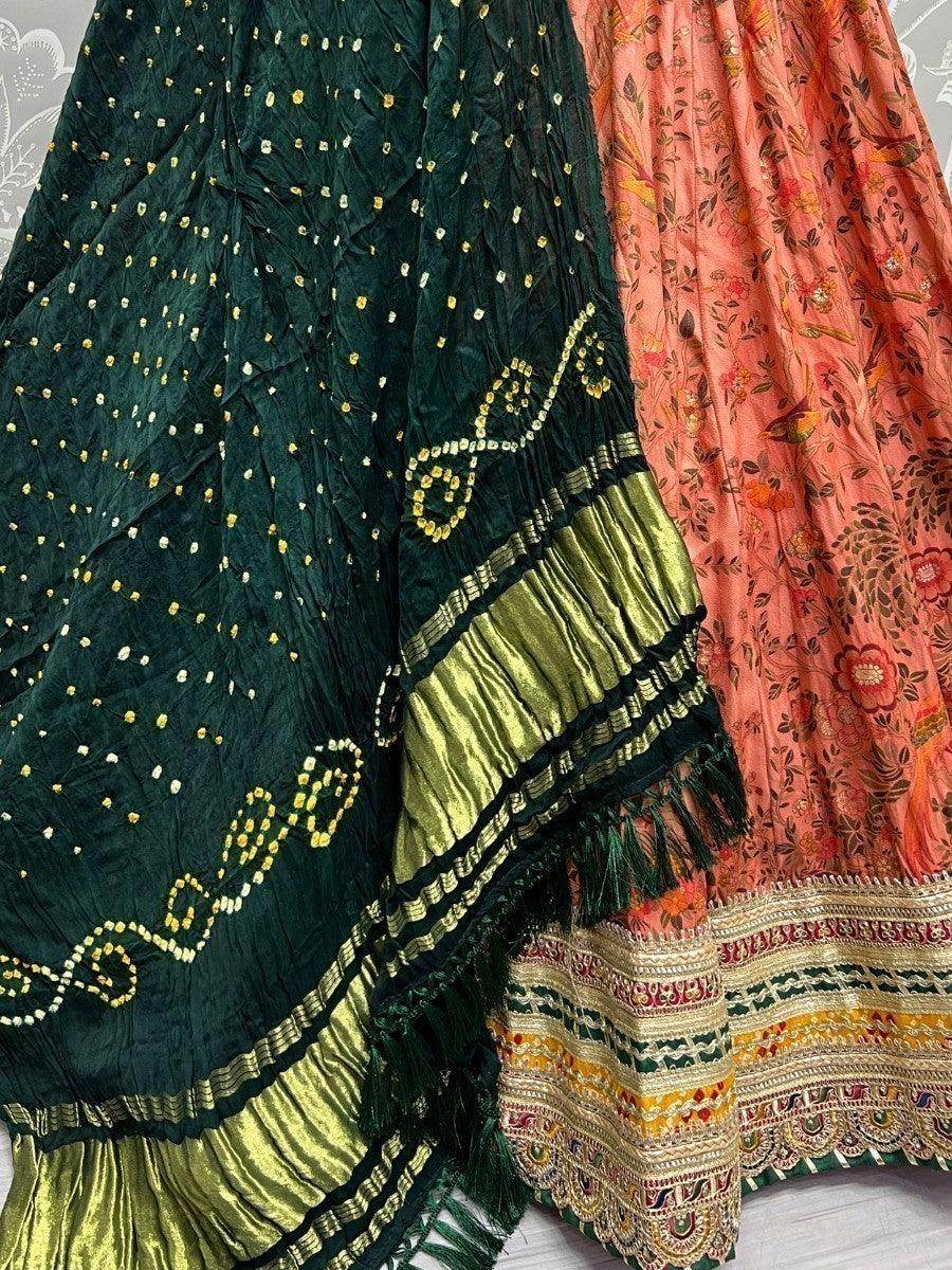Awesome Peach Digital Printed Silk Lehenga Choli With Bandhani Dupatta - Zeel Clothing