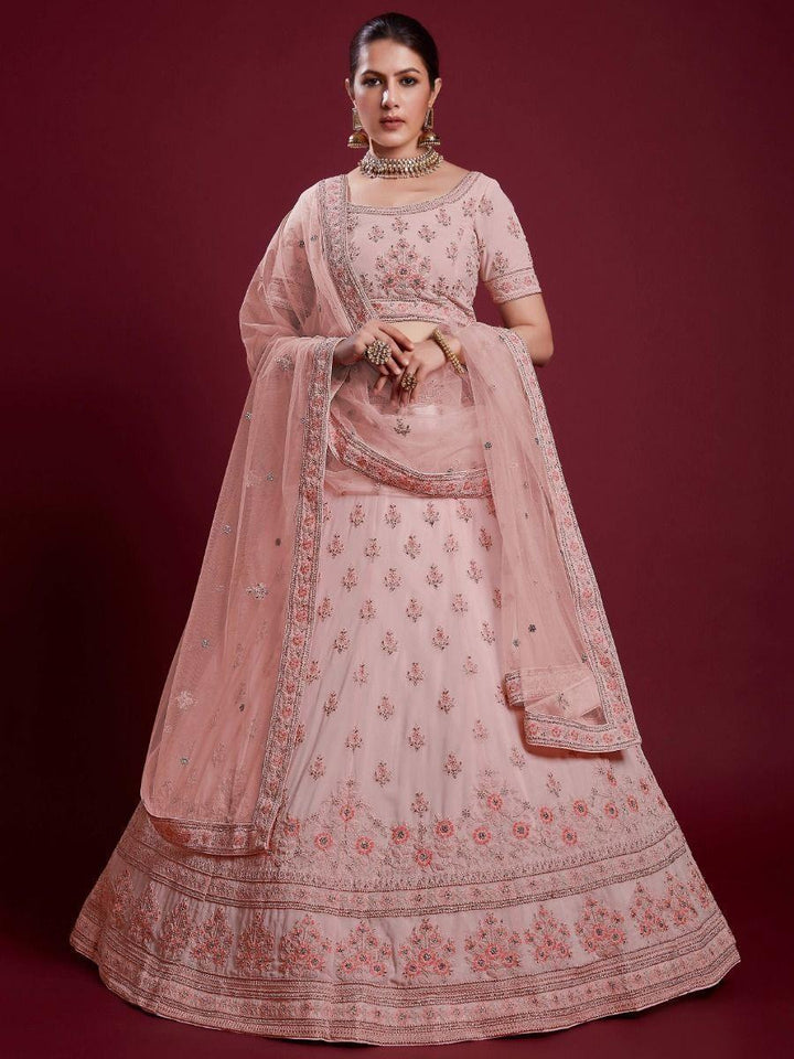 Awesome Peach Embroidered Georgette Wedding Wear Lehenga Choli