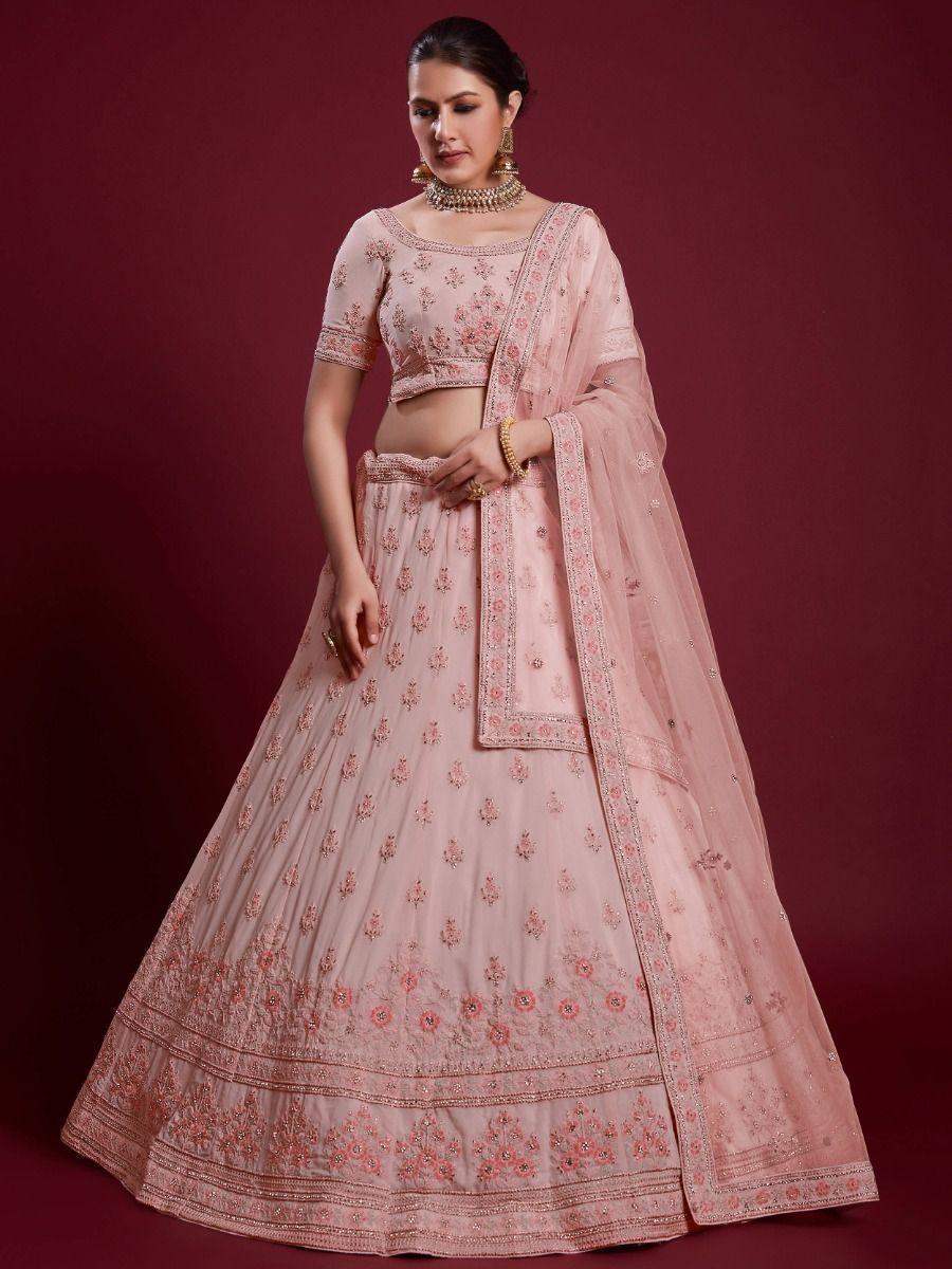 Awesome Peach Embroidered Georgette Wedding Wear Lehenga Choli