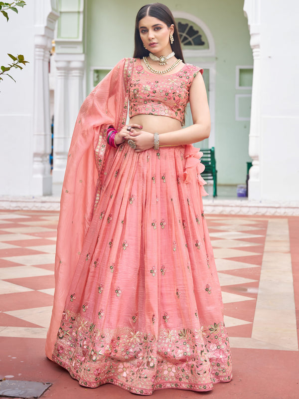 Awesome Peach Floral Embroidery Crushed Bridesmaid Lehenga Choli With Dupatta