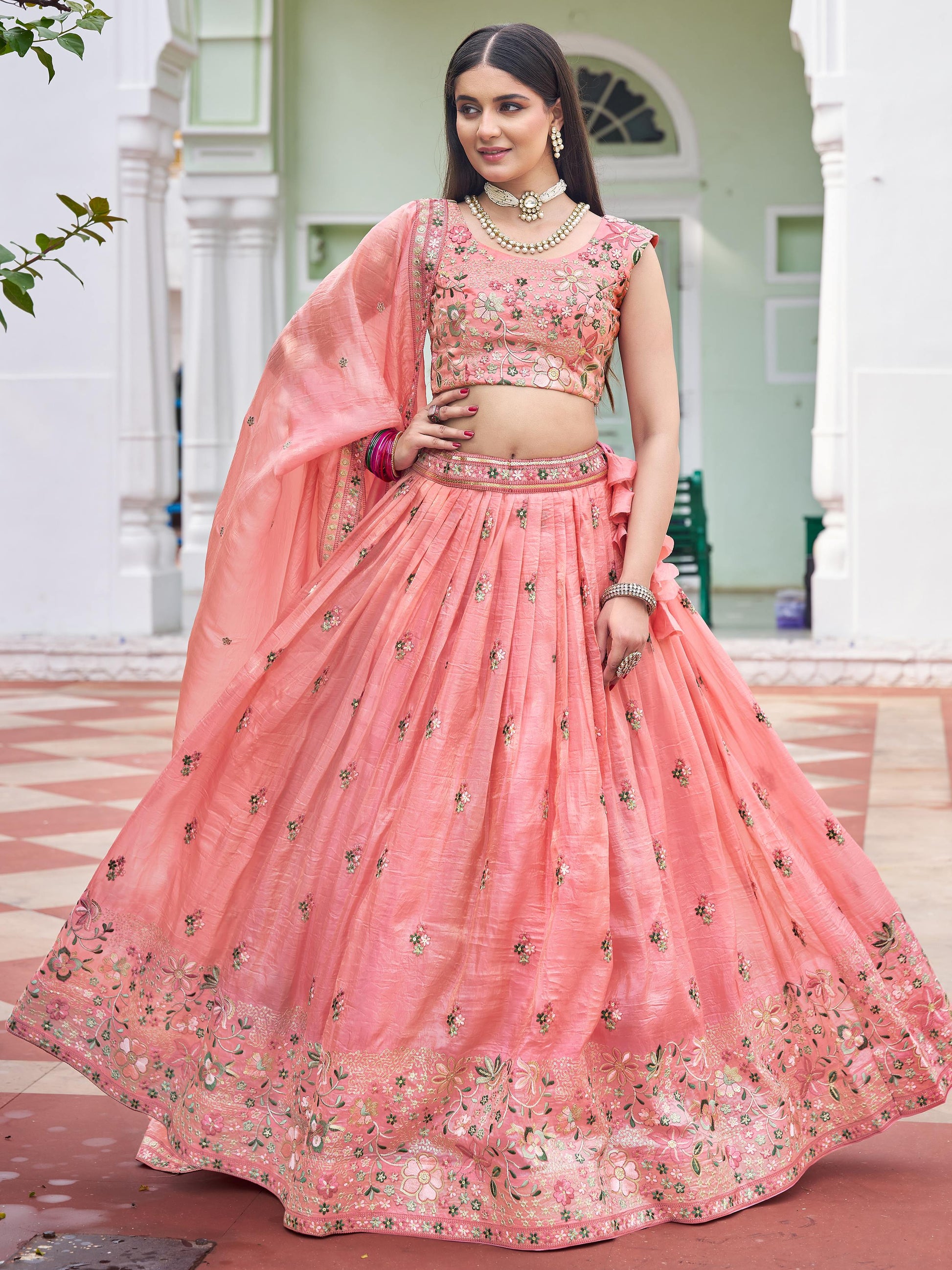 Awesome Peach Floral Embroidery Crushed Bridesmaid Lehenga Choli With Dupatta