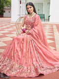 Awesome Peach Floral Embroidery Crushed Bridesmaid Lehenga Choli With Dupatta
