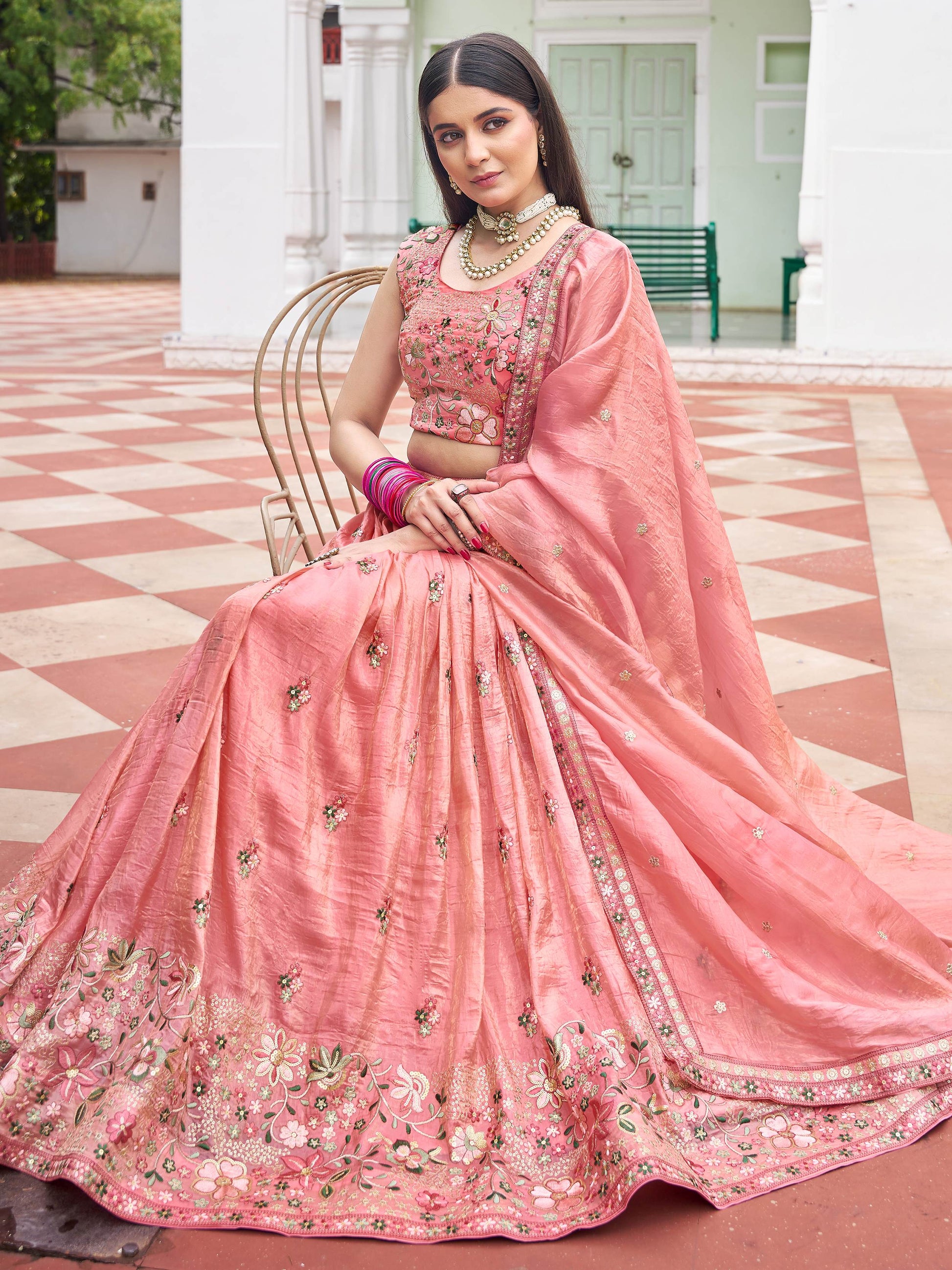 Awesome Peach Floral Embroidery Crushed Bridesmaid Lehenga Choli With Dupatta