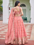 Awesome Peach Floral Embroidery Crushed Bridesmaid Lehenga Choli With Dupatta