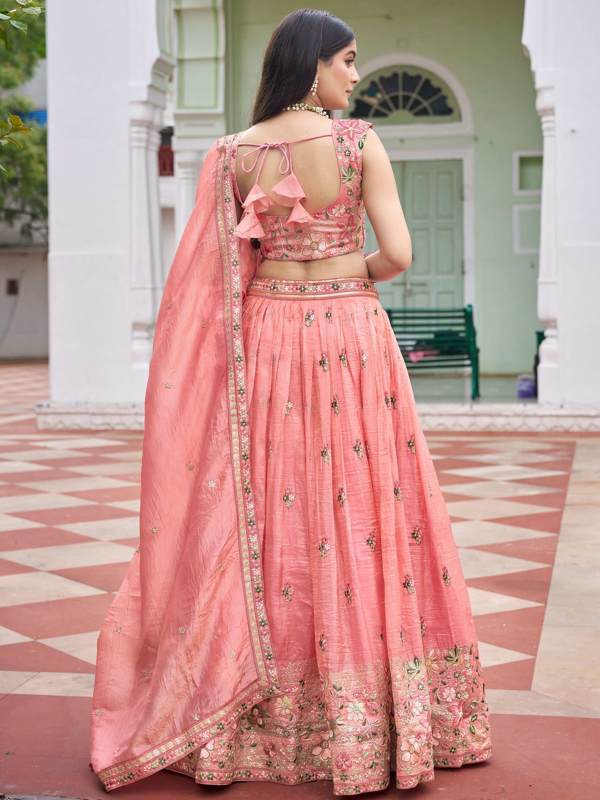 Awesome Peach Floral Embroidery Crushed Bridesmaid Lehenga Choli With Dupatta