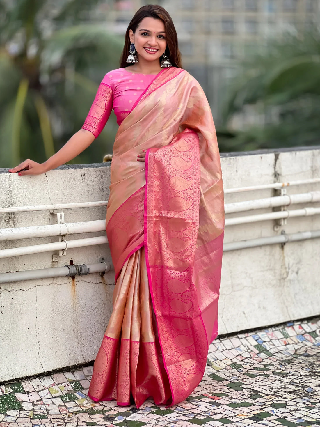 Awesome Peach Zari Weaving Tissue Silk Festival Wear Saree With Blouse - Zeel Clothing