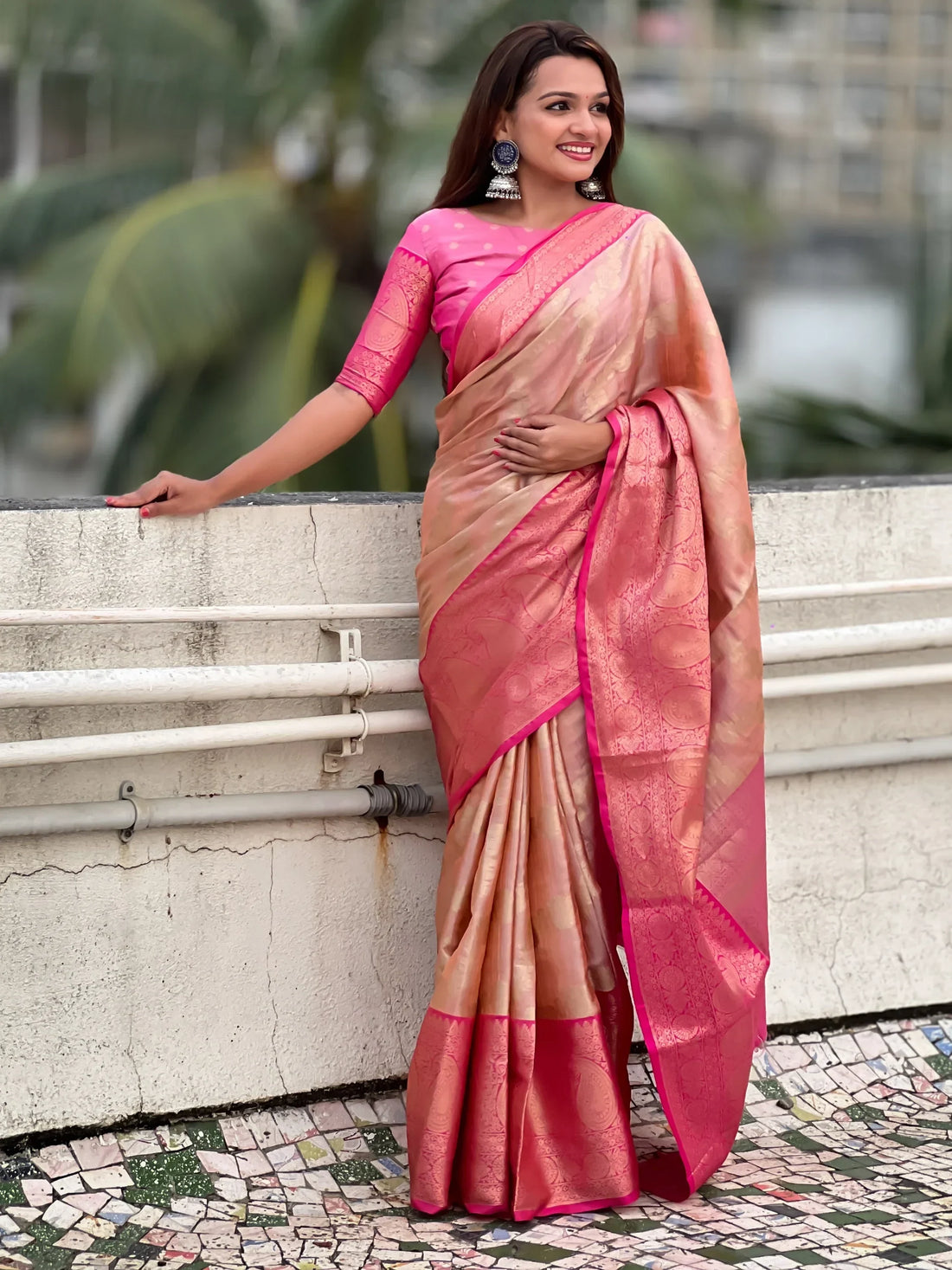 Awesome Peach Zari Weaving Tissue Silk Festival Wear Saree With Blouse - Zeel Clothing