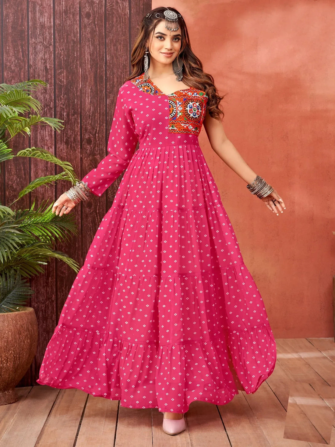 Awesome Pink Bandhani Print Georgette Navratri Wear Gown - Zeel Clothing