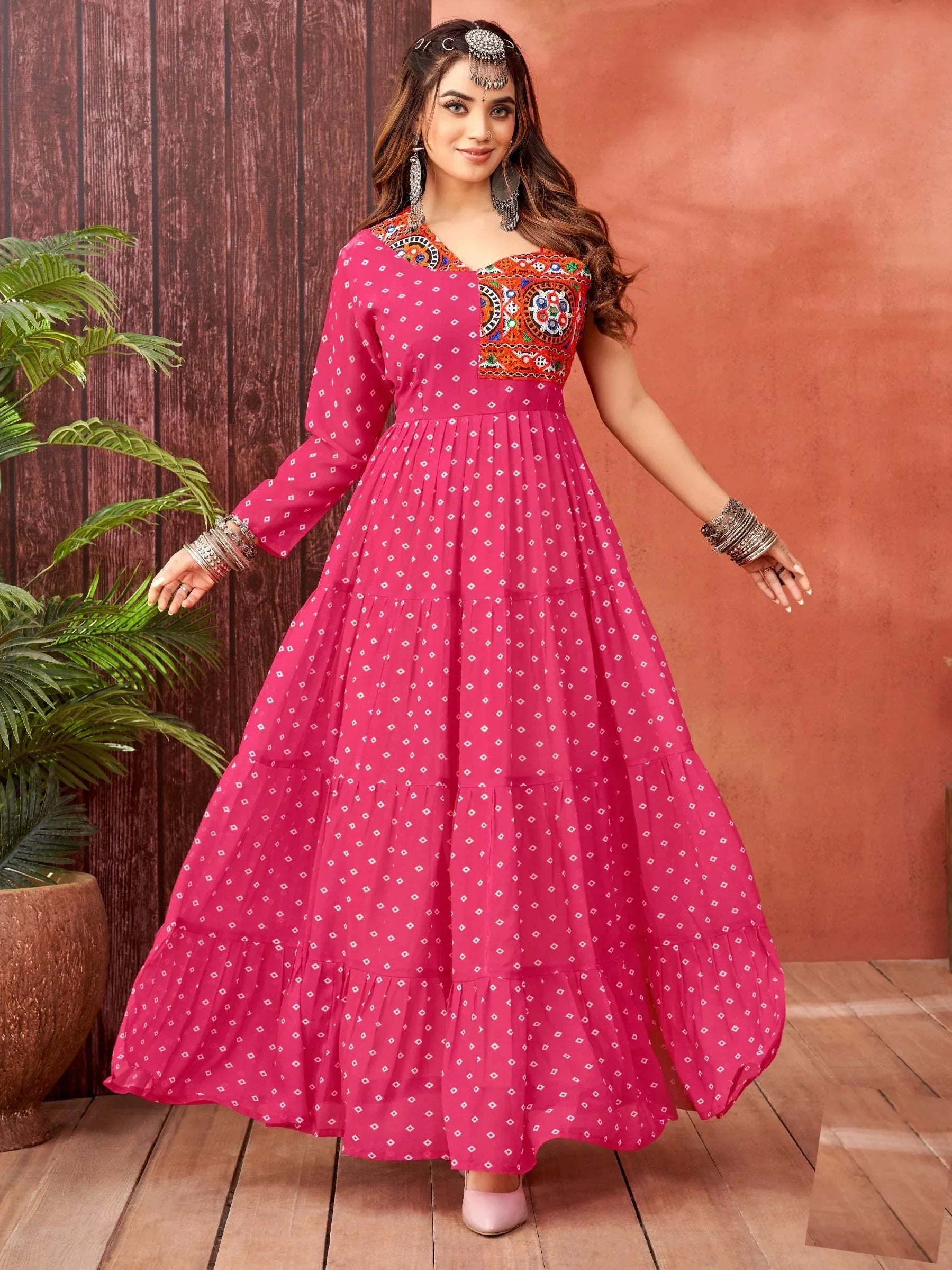 Awesome Pink Bandhani Print Georgette Navratri Wear Gown - Zeel Clothing