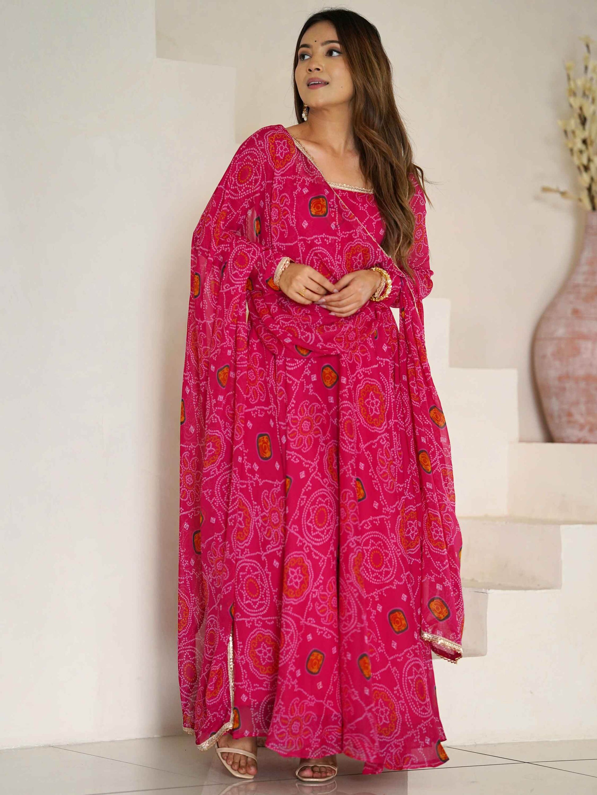 Awesome Pink Bandhej Print Georgette Event Wear Anarkali Suit - Zeel Clothing