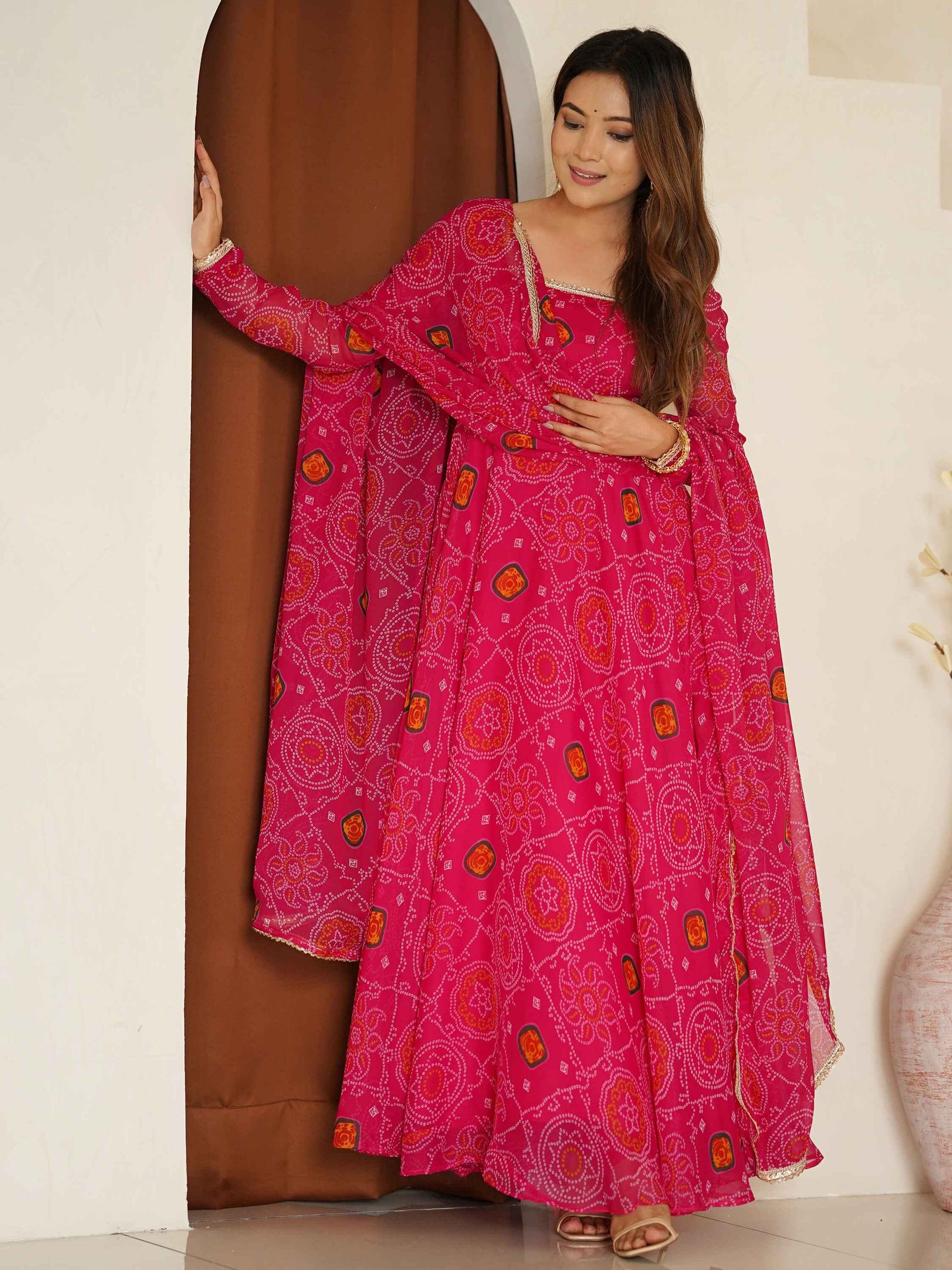 Awesome Pink Bandhej Print Georgette Event Wear Anarkali Gown