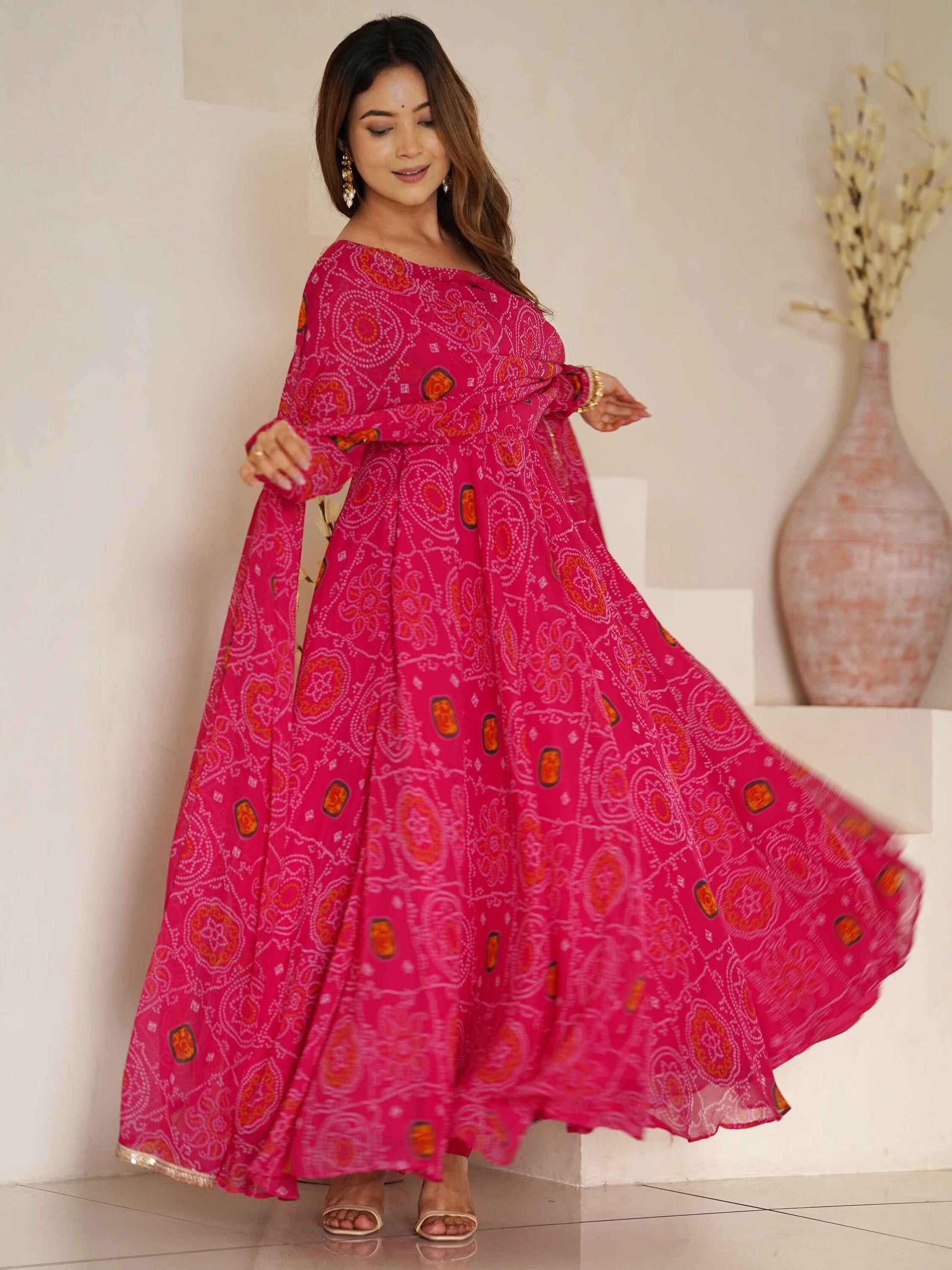 Awesome Pink Bandhej Print Georgette Event Wear Anarkali Gown