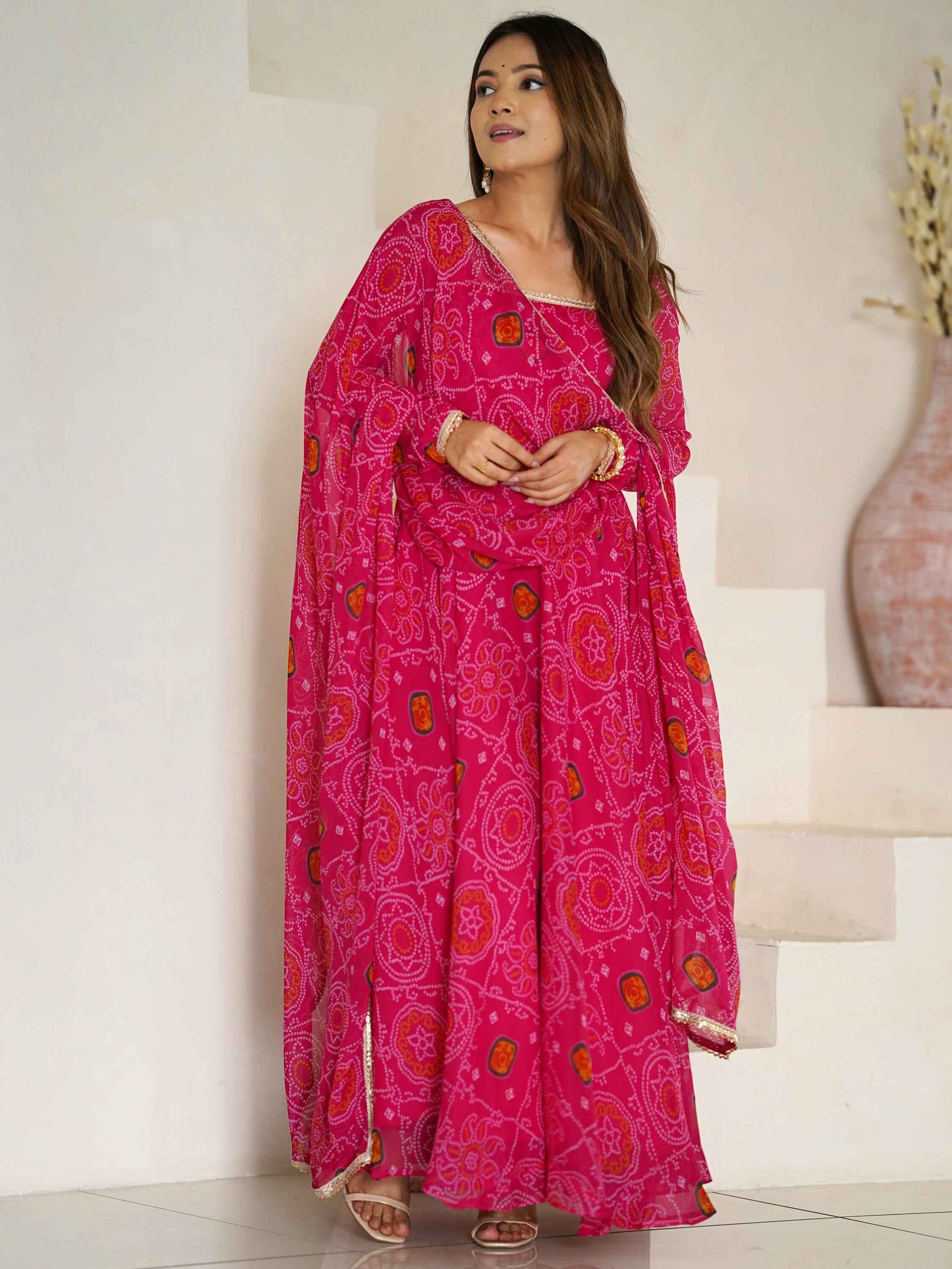 Awesome Pink Bandhej Print Georgette Event Wear Anarkali Gown