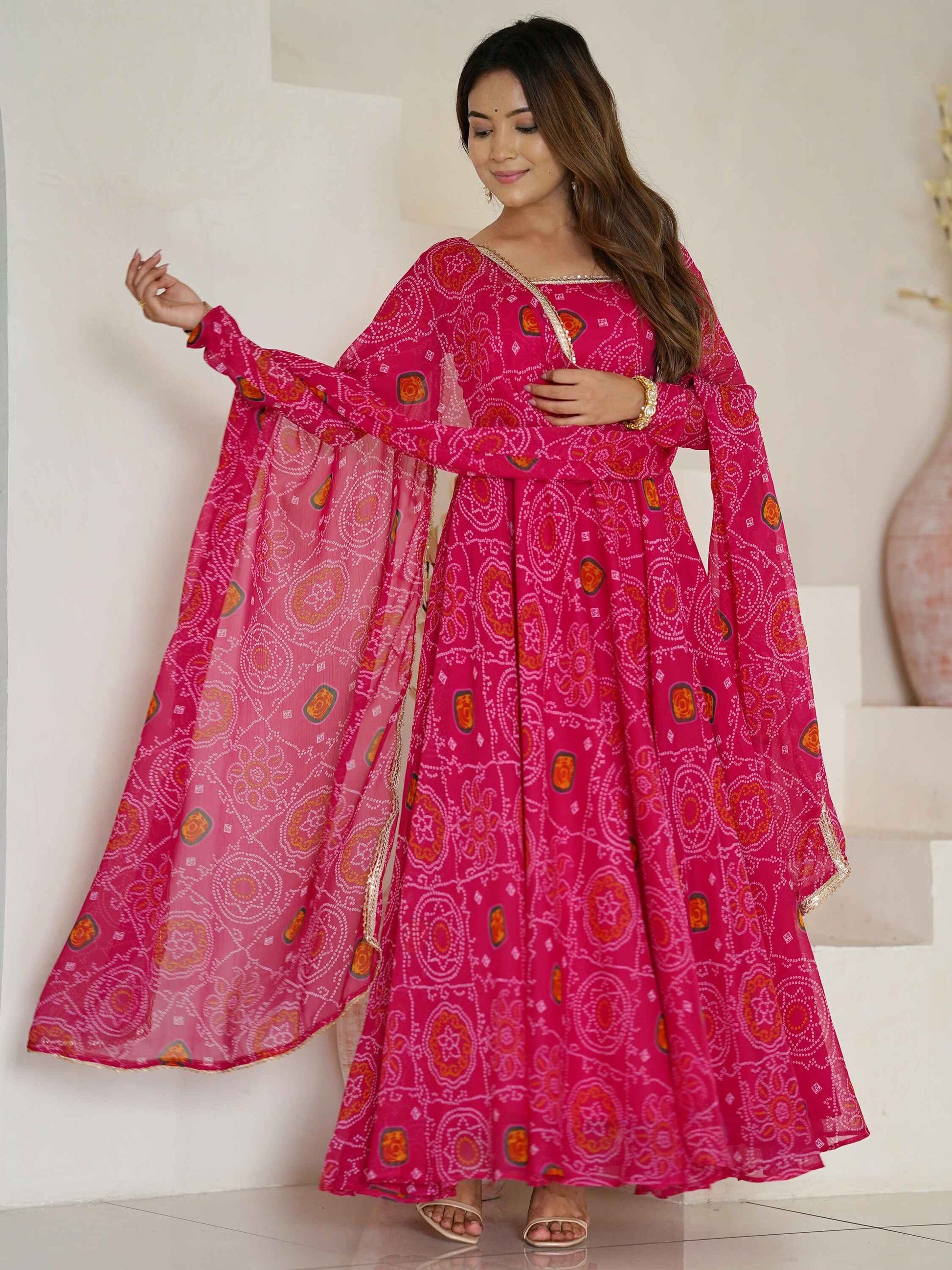 Awesome Pink Bandhej Print Georgette Event Wear Anarkali Gown