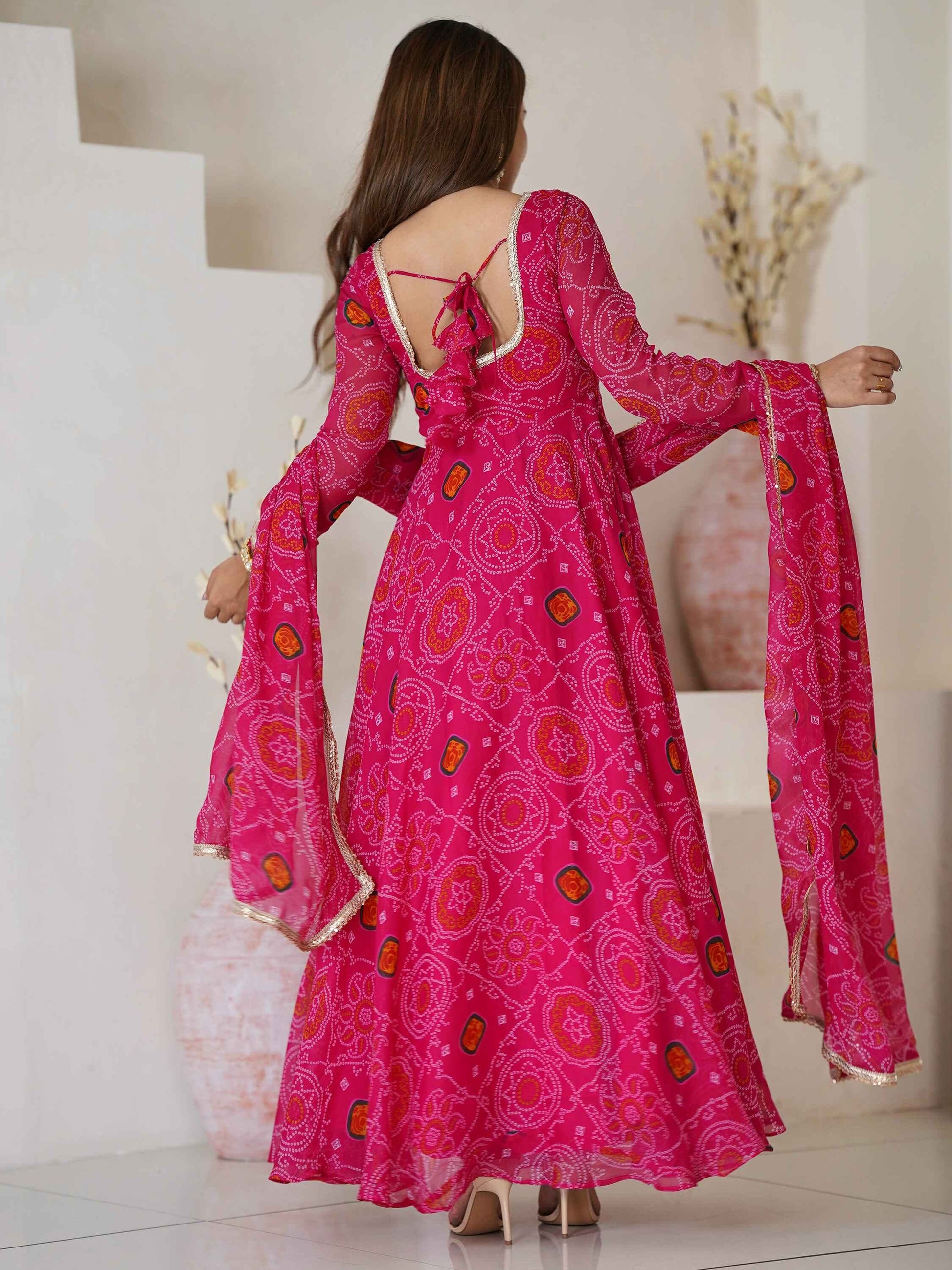 Awesome Pink Bandhej Print Georgette Event Wear Anarkali Gown