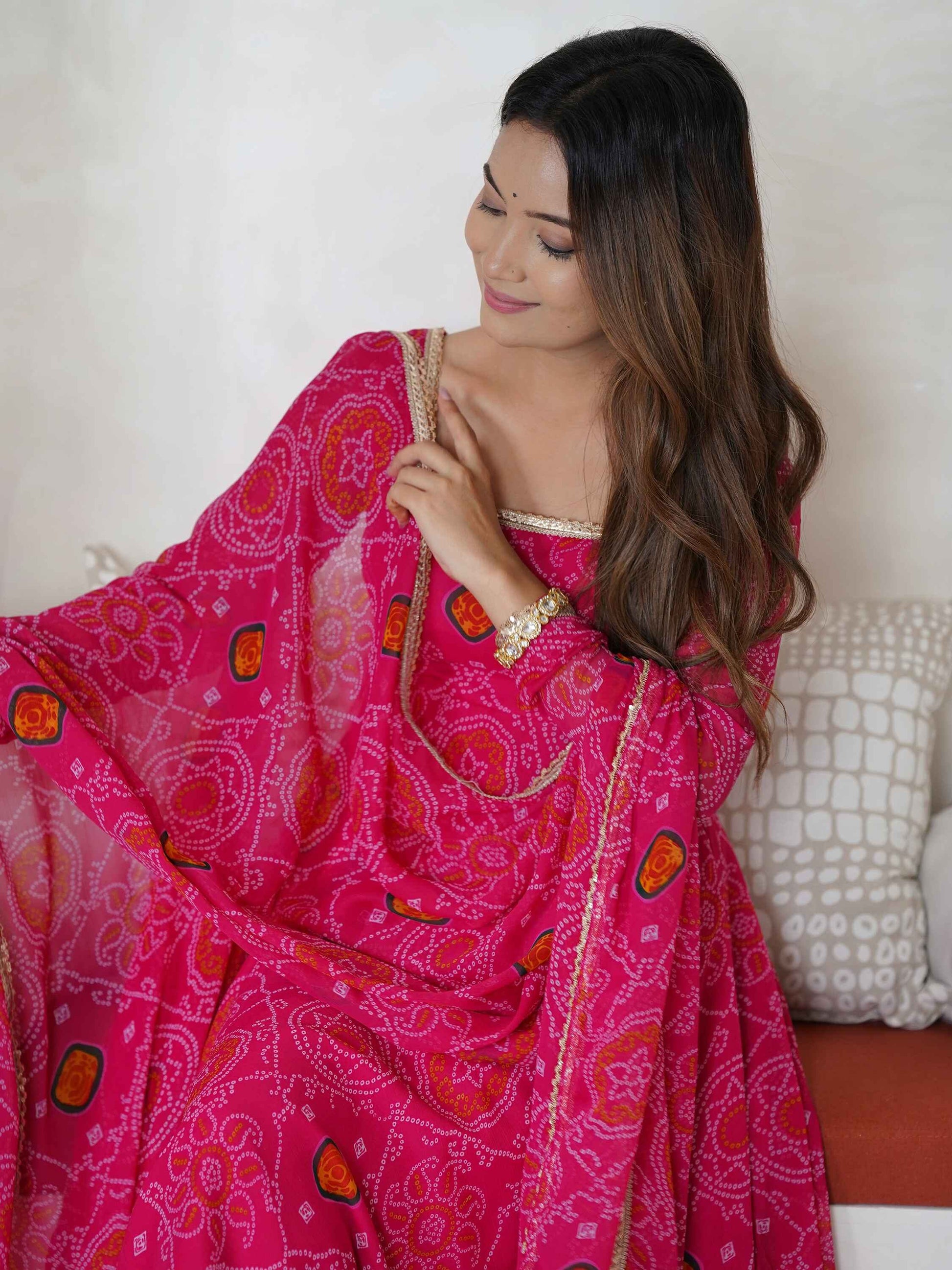 Awesome Pink Bandhej Print Georgette Event Wear Anarkali Gown