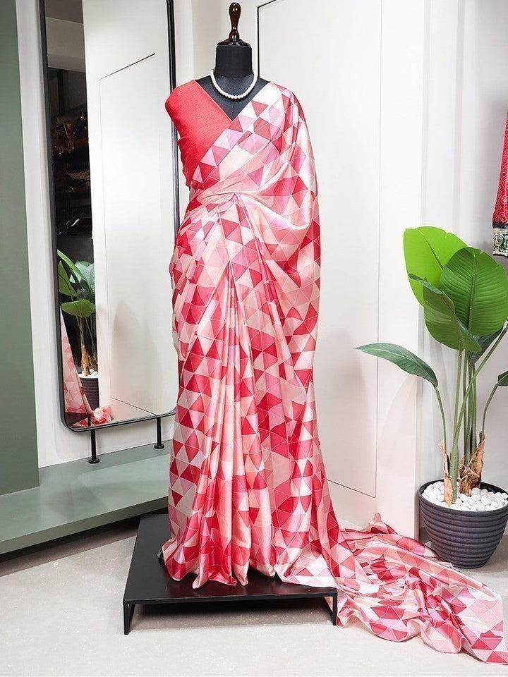 Awesome Pink Digital Printed Satin Festive Wear Saree With Blouse