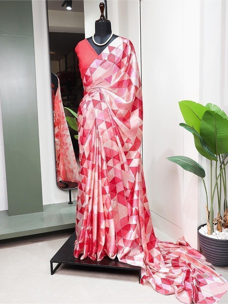Awesome Pink Digital Printed Satin Festive Wear Saree With Blouse