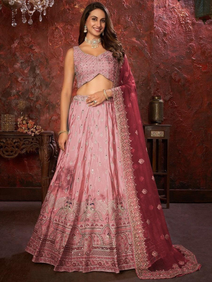 Awesome Pink Embroidered Crepe Lehenga Choli With Dupatta