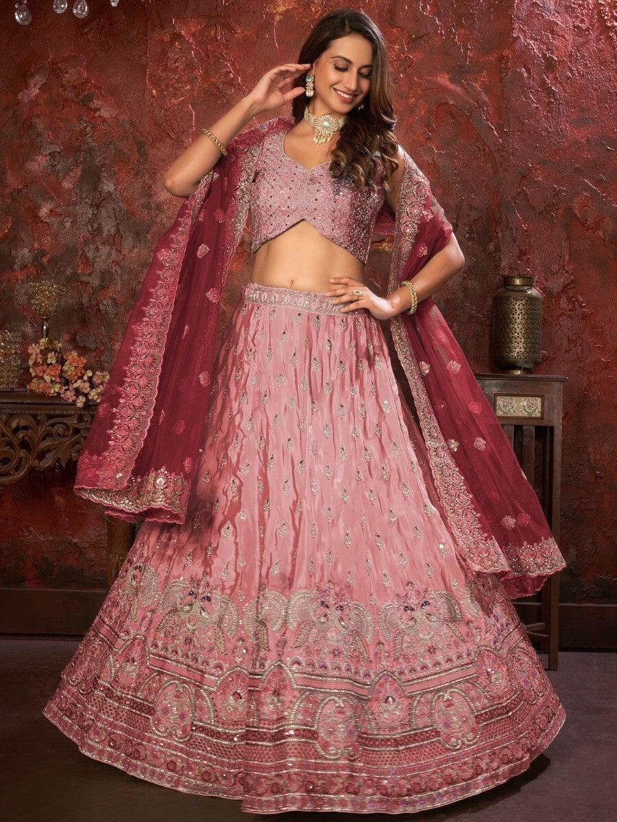 Awesome Pink Embroidered Crepe Lehenga Choli With Dupatta