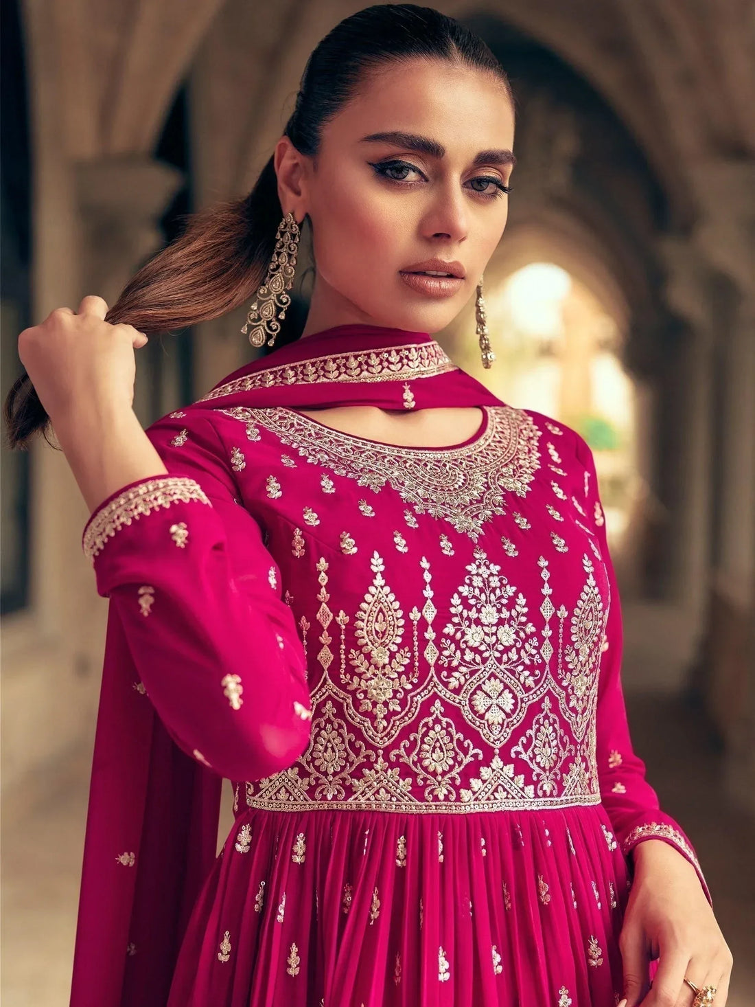 Awesome Pink Embroidered Georgette Gharara Suit With Dupatta