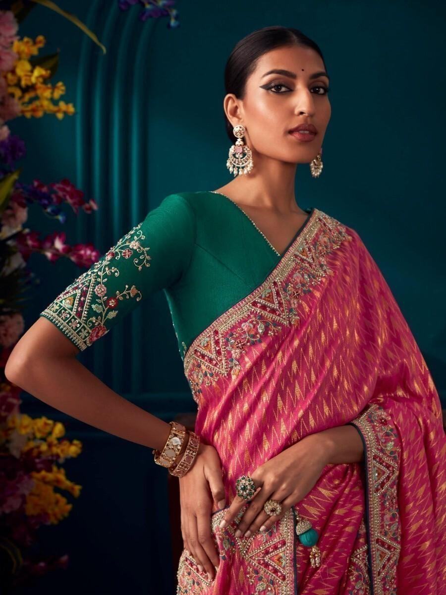 Awesome Pink Embroidered Kanjivaram Silk Wedding Wear Saree