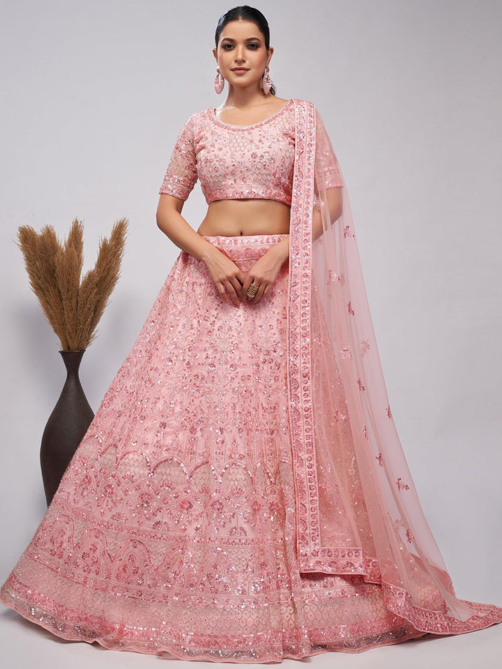 Awesome Pink Embroidered Net Engagement Wear Lehenga Choli