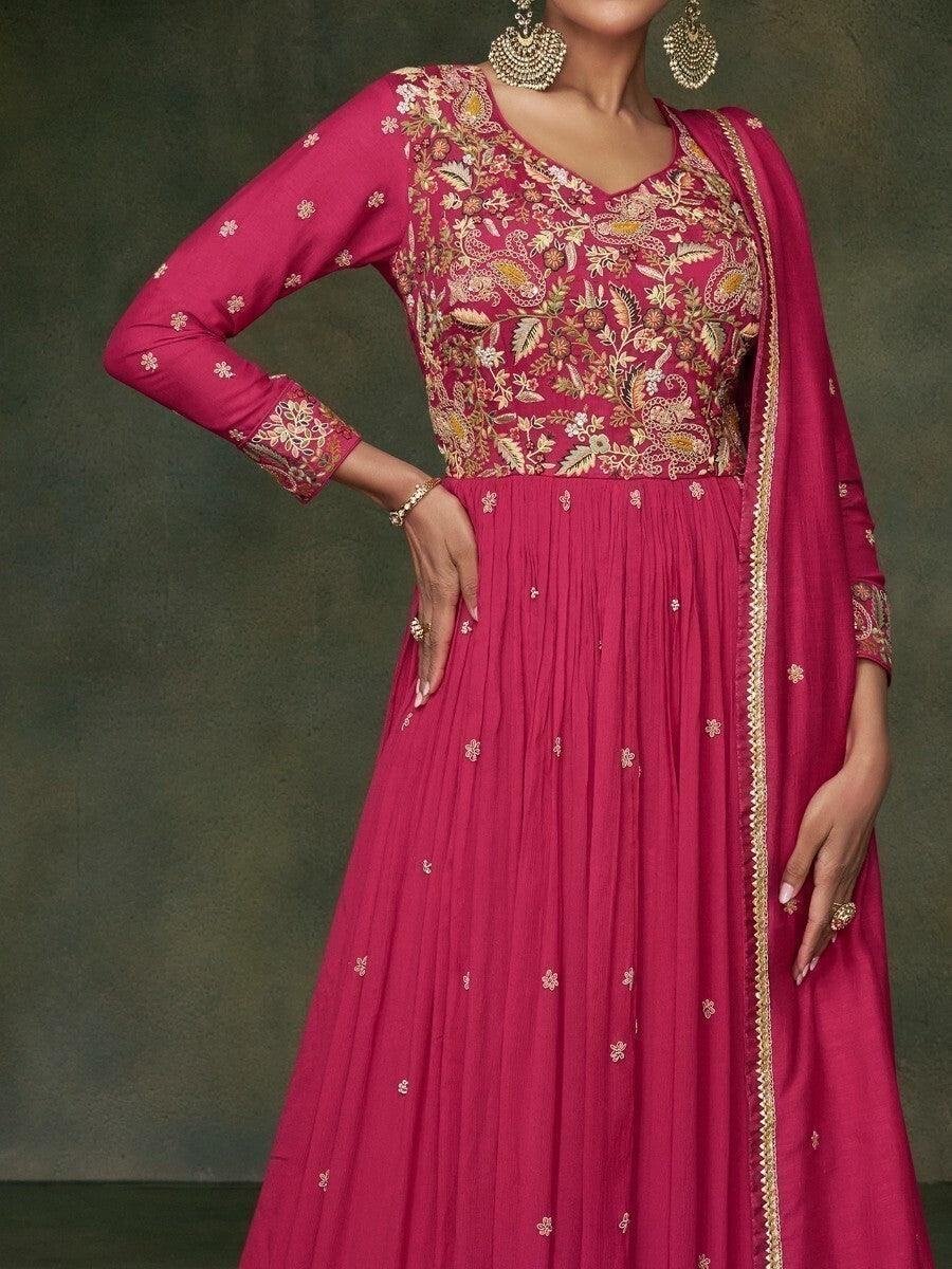 Awesome Pink Embroidered Silk Engagement Wear Gown With Dupatta