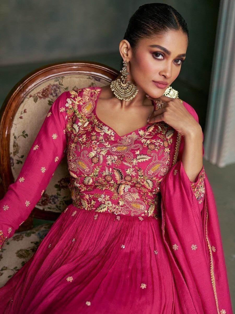 Awesome Pink Embroidered Silk Engagement Wear Gown With Dupatta - Zeel Clothing