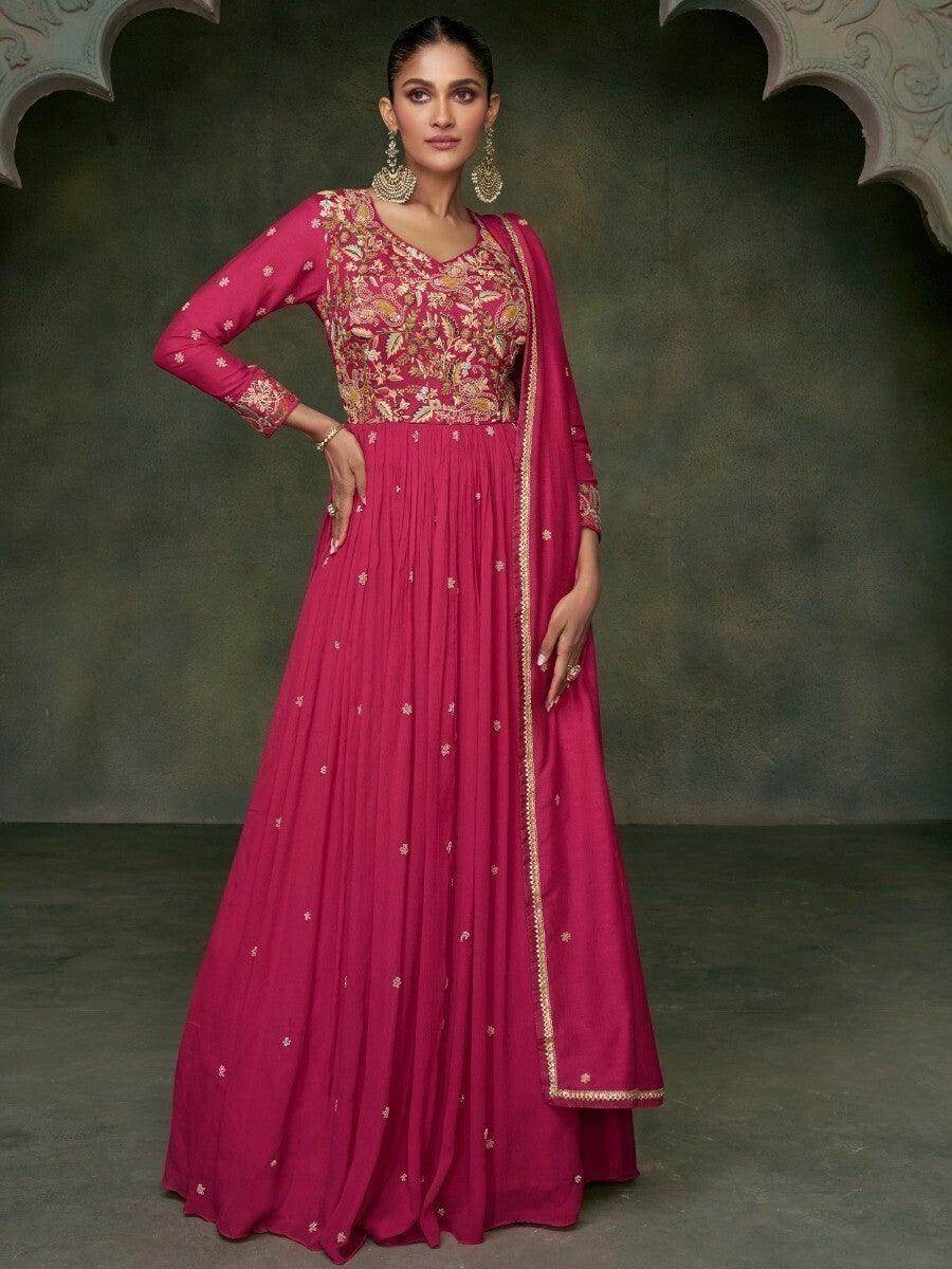 Awesome Pink Embroidered Silk Engagement Wear Gown With Dupatta - Zeel Clothing