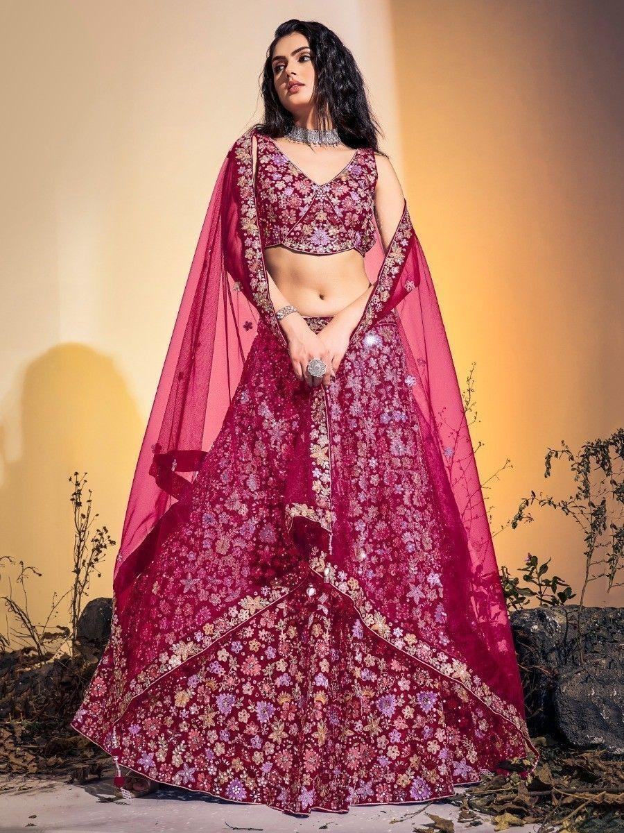 Awesome Pink Embroidered Soft Net Wedding Wear Lehenga Choli - Zeel Clothing