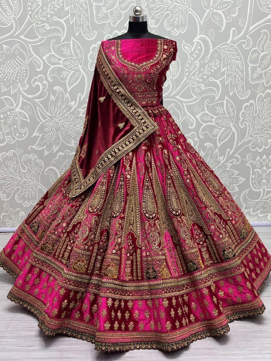 Awesome Pink Fancy Thread Work Velvet Bridal Wear Lehenga Choli